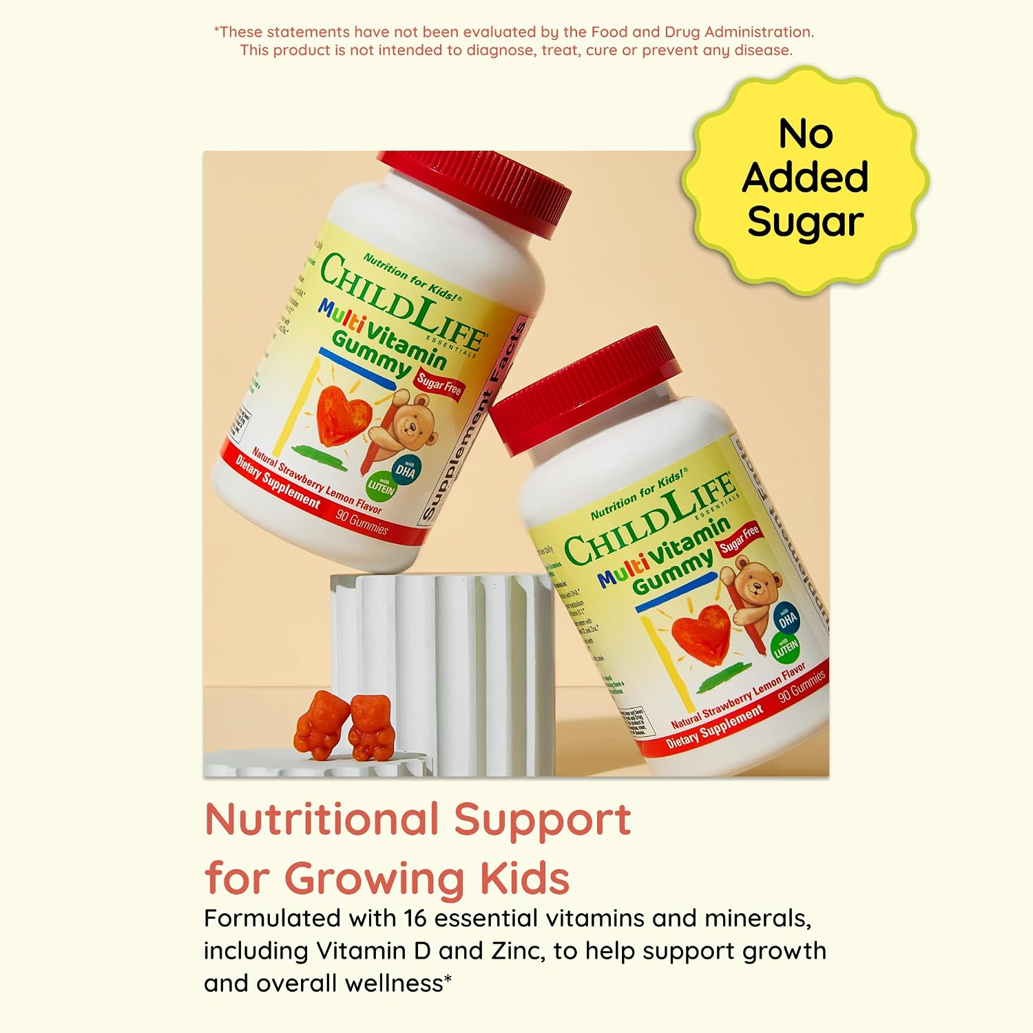 CHILDLIFE ESSENTIALS Multivitamin Gummies for Kids - Gominolas multivitamínicas para niños con DHA, sin azúcar, sabor fresa natural, 90 unidades