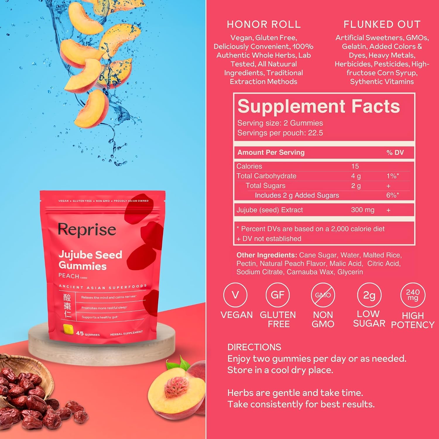 Reprise Jujube Seeds in Daily Gummies, 300 mg Full-Spectrum Jujube Seeds, Vegan, Gelatin Free, Peach Flavored, 40 Gummies