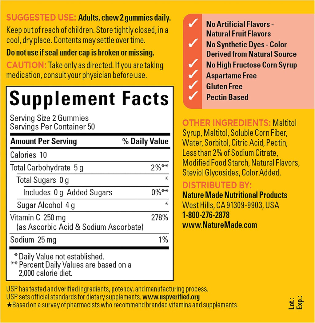 Nature Made Zero Sugar Vitamin C Gominolas 250 mg por dosis, Apoyo Inmunitario y Antioxidante, Sin Aspartamo, 100 Gominolas Sin Azúcar, 50 Días