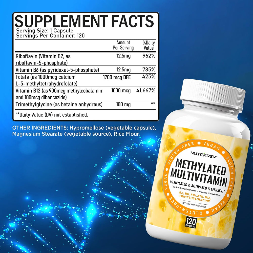 NutraPep Multivitamínico Metilado para Hombres y Mujeres - 5-MTHF, Riboflavina, B6, B12, Trimetilglicina