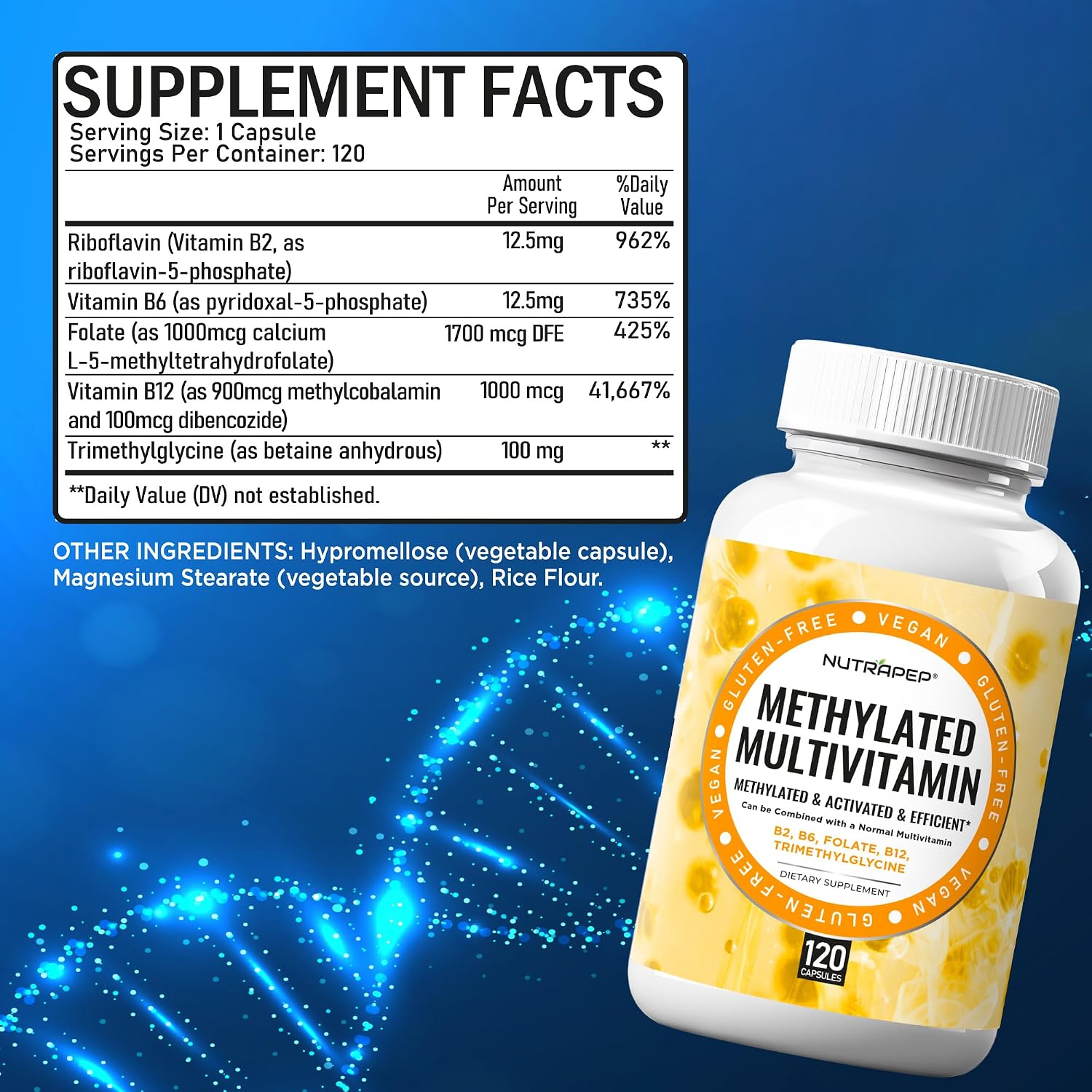 NutraPep Multivitamínico Metilado para Hombres y Mujeres - 5-MTHF, Riboflavina, B6, B12, Trimetilglicina