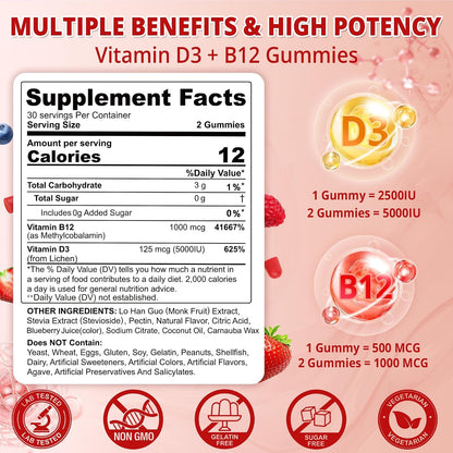 NEVISS 2Pack Gominolas Veganas de Vitamina D3 + B12, Alta Potencia D3 5000IU y 1000 mcg de B12 Metilada, para Adultos, Apoya – Image 2