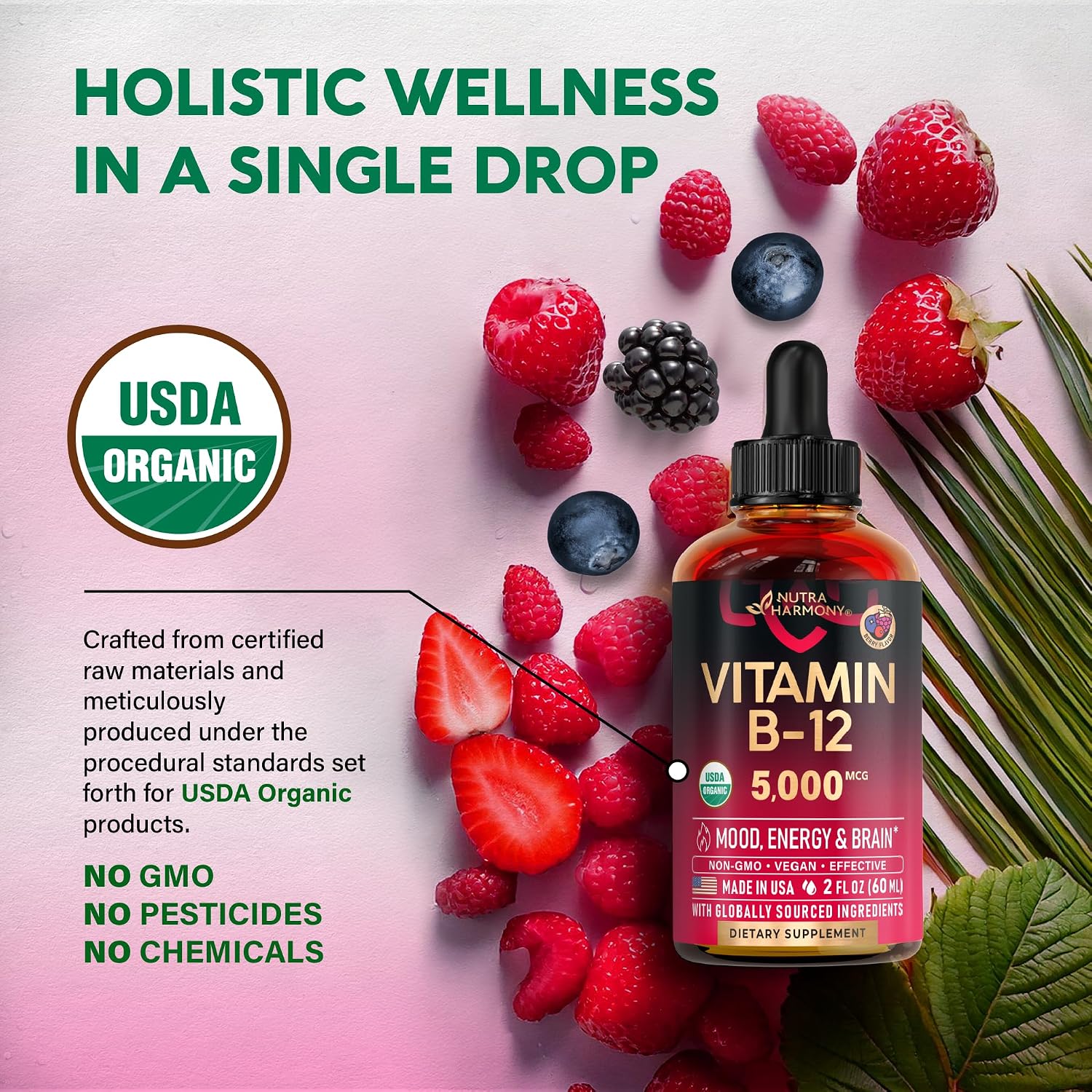 Vitamina B12 Orgánica Gotas Sublinguales - 5000 mcg Metilcobalamina Vegano - 60 ml