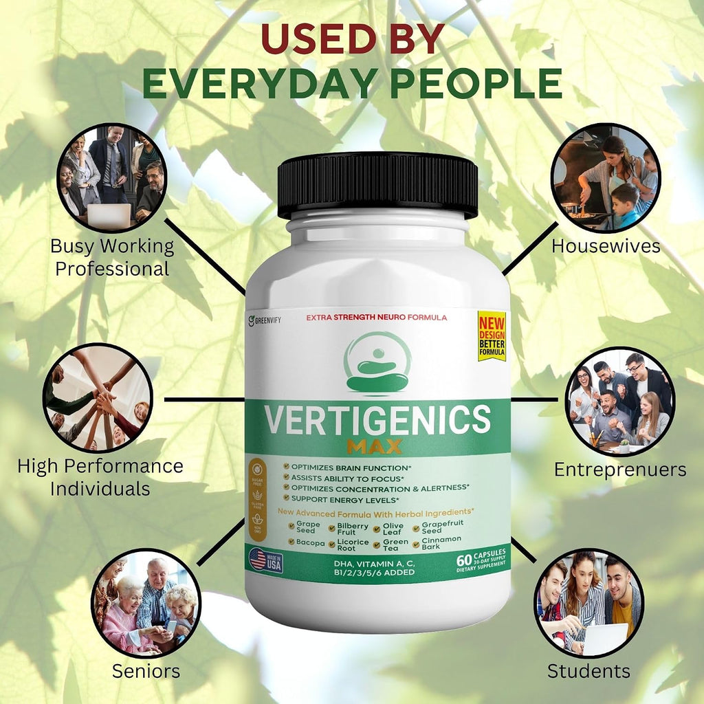 Vertigenics Max – Suplemento para el Cerebro y Enfoque – Fórmula Neuro Extra Fuerte con Vitaminas, Minerales y Mezcla de Hierbas – Apoya Claridad, Alerta y Energía – 60 Cápsulas