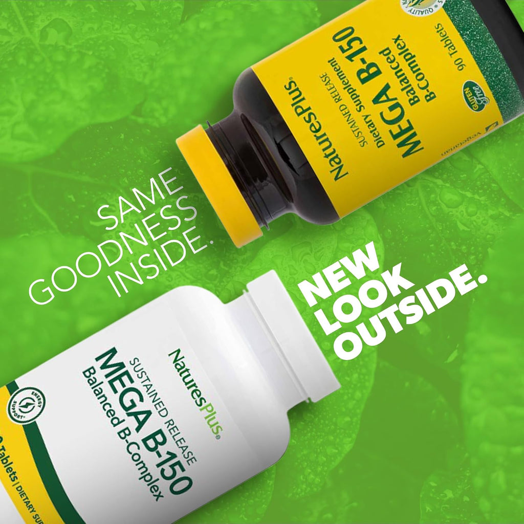 NaturesPlus Mega B-150 (90 comprimidos, lote de 2) - Complejo B equilibrado - Fórmula de liberación sostenida - Vegetariano, sin gluten - 180 dosis totales