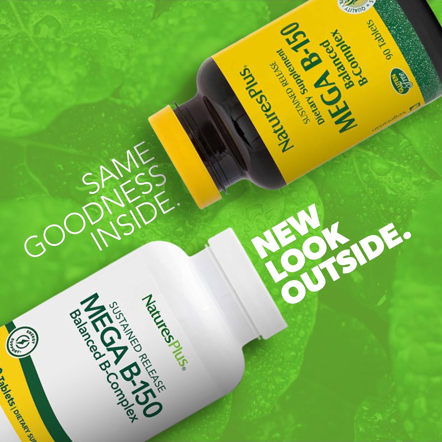 NaturesPlus Mega B-150 (90 comprimidos, lote de 2) - Complejo B equilibrado - Fórmula de liberación sostenida - Vegetariano, sin gluten - 180 dosis totales