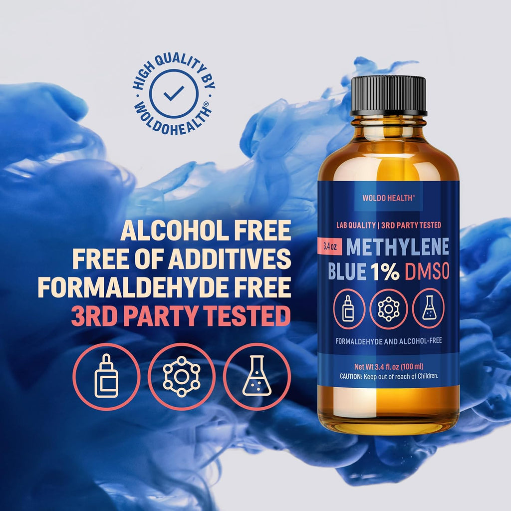 WoldoHealth DMSO 10% con Azul de Metileno 1% - Frasco de Vidrio de 100 ml con Cuentagotas, Libre de Formaldehído y Alcohol, Solución Analítica