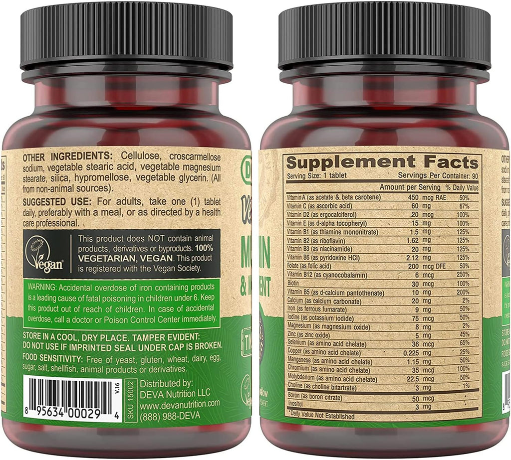 DEVA Mini Comprimidos Multivitamínico Vegano para Hombres y Mujeres (2 Paquetes, 90 Comprimidos cada uno) con Hierro, Vitamina C, E, Complejo B y Zinc