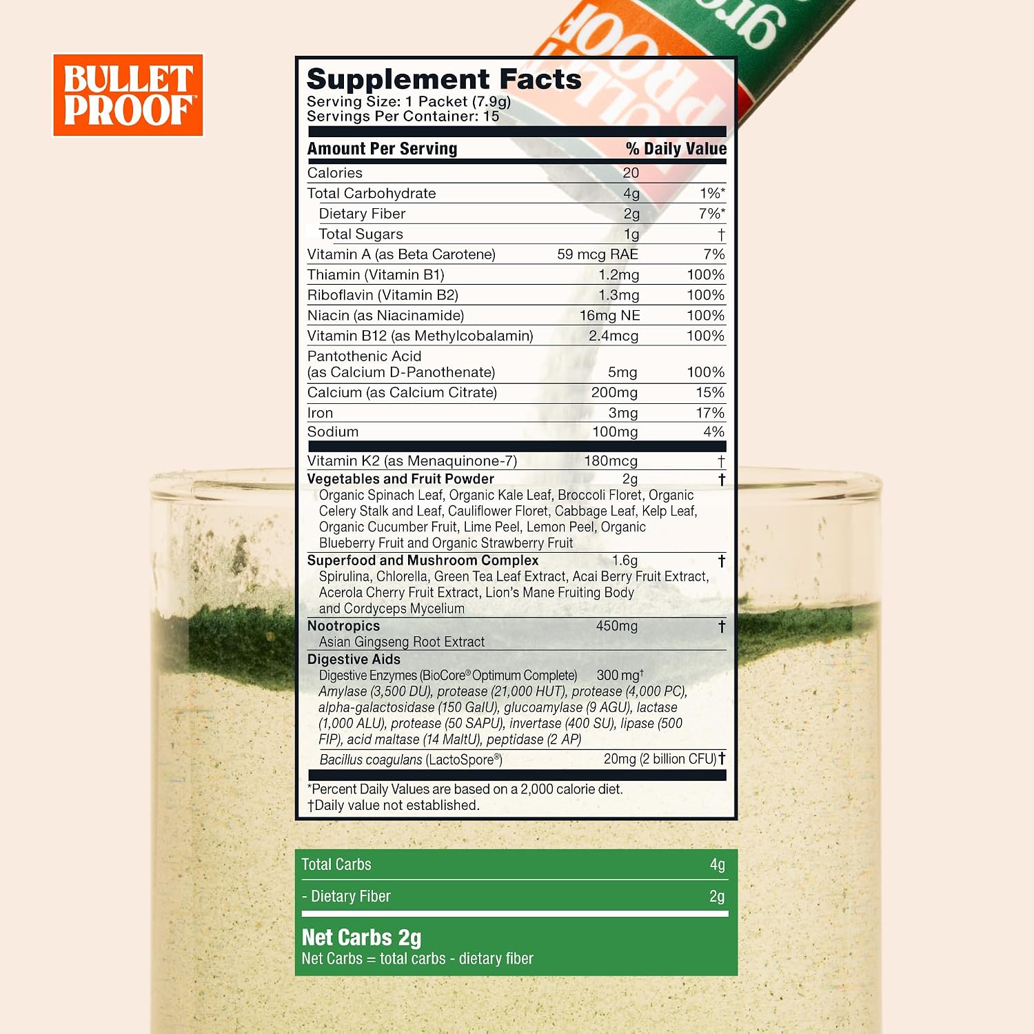 Bulletproof Greens Packets - 15 Sobres de Superalimentos y Nootrópicos