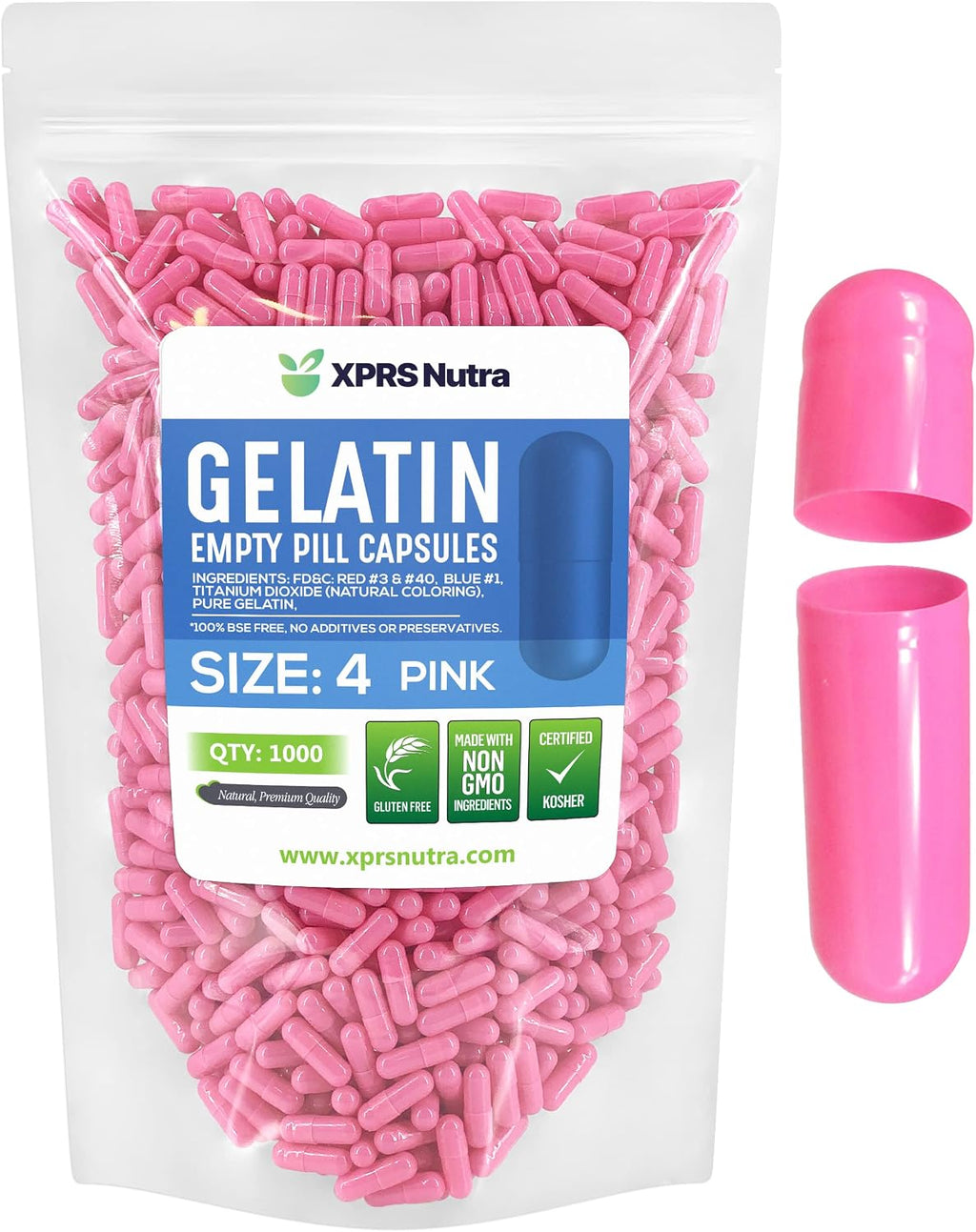 XPRS Nutra Cápsulas Vacías Tamaño 4 - 1000 uds Cápsulas de Gelatina Bovina Rosa para Suplementos DIY