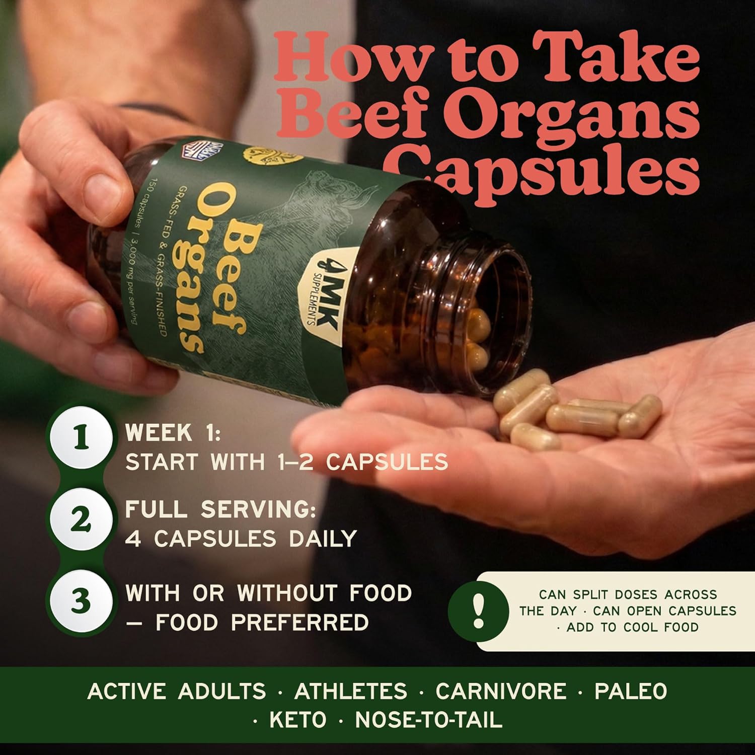 MK Supplements Grass-Fed Beef Organs Capsules | 5 Órganos en Proporciones Naturales | B12, Cobre y Hierro Hemo | Criado de Forma Regenerativa | 150 Cápsulas
