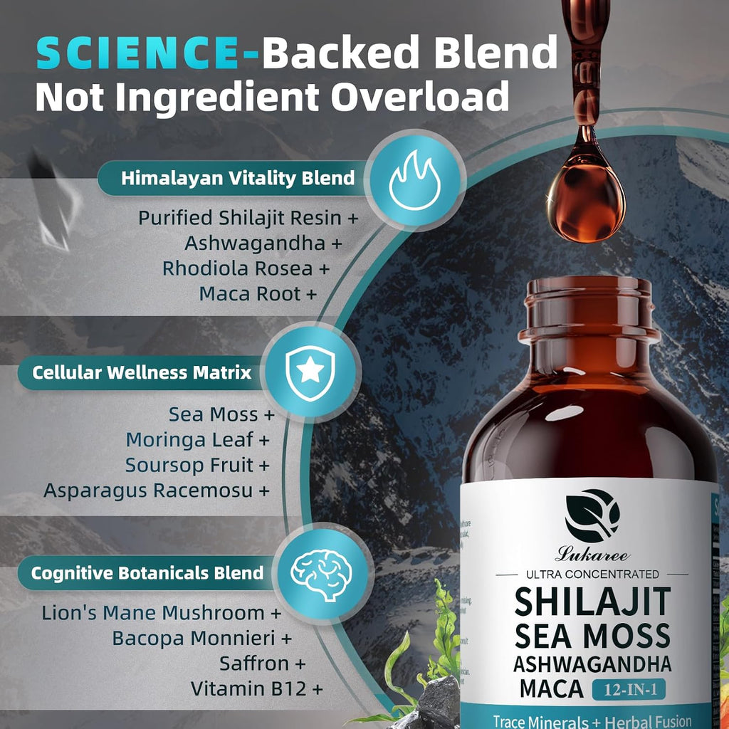 Shilajit Líquido Gotas, Complejo 12 en 1 - Musgo Marino, Ashwagandha, Maca, Ácido Fúlvico, Minerales Traza, Vitaminas Líquidas para Hombres y Mujeres, Energía, Antioxidante, Apoyo Inmunológico, 60ml