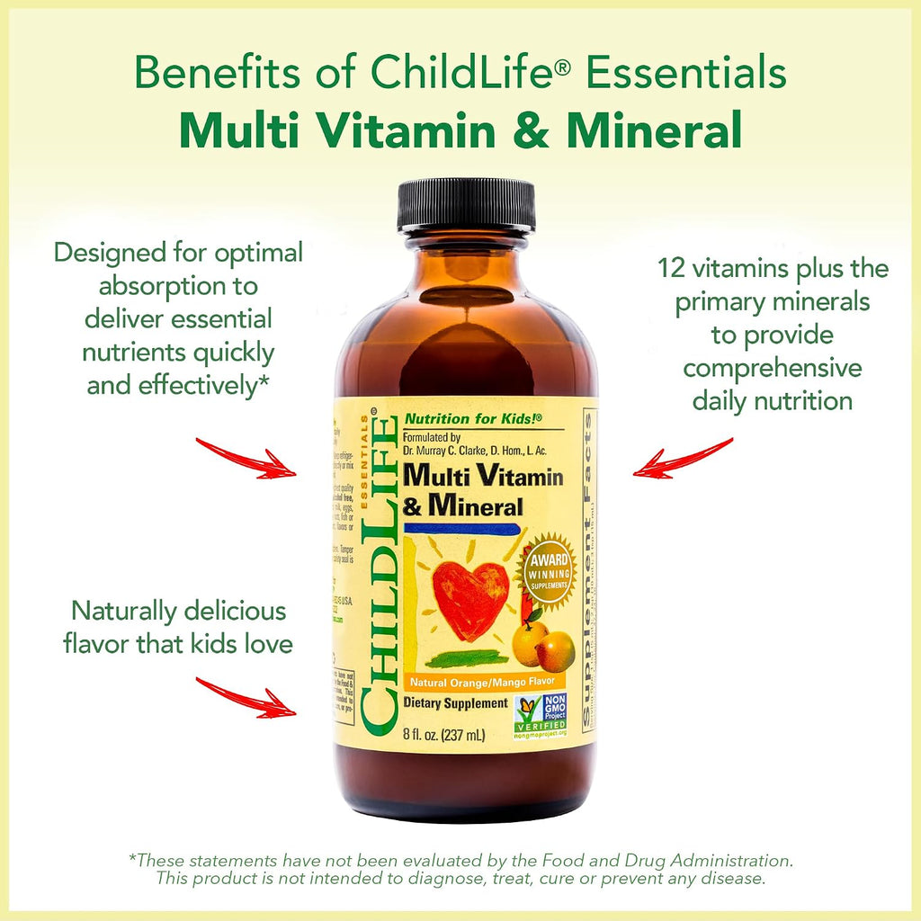CHILDLIFE ESSENTIALS Multivitamínico y Mineral Líquido para Niños - Sabor Naranja y Mango, 237 ml (Pack de 2)