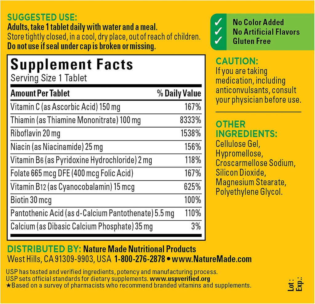 Nature Made Super B Complex con Vitamina C y Ácido Fólico, 250 Comprimidos
