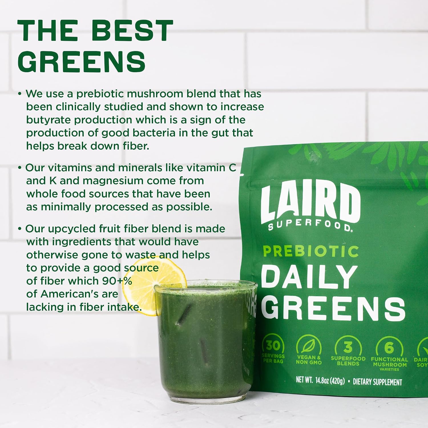 Laird Superfood Prebiótico Daily Greens - 15 sobres de 14 g