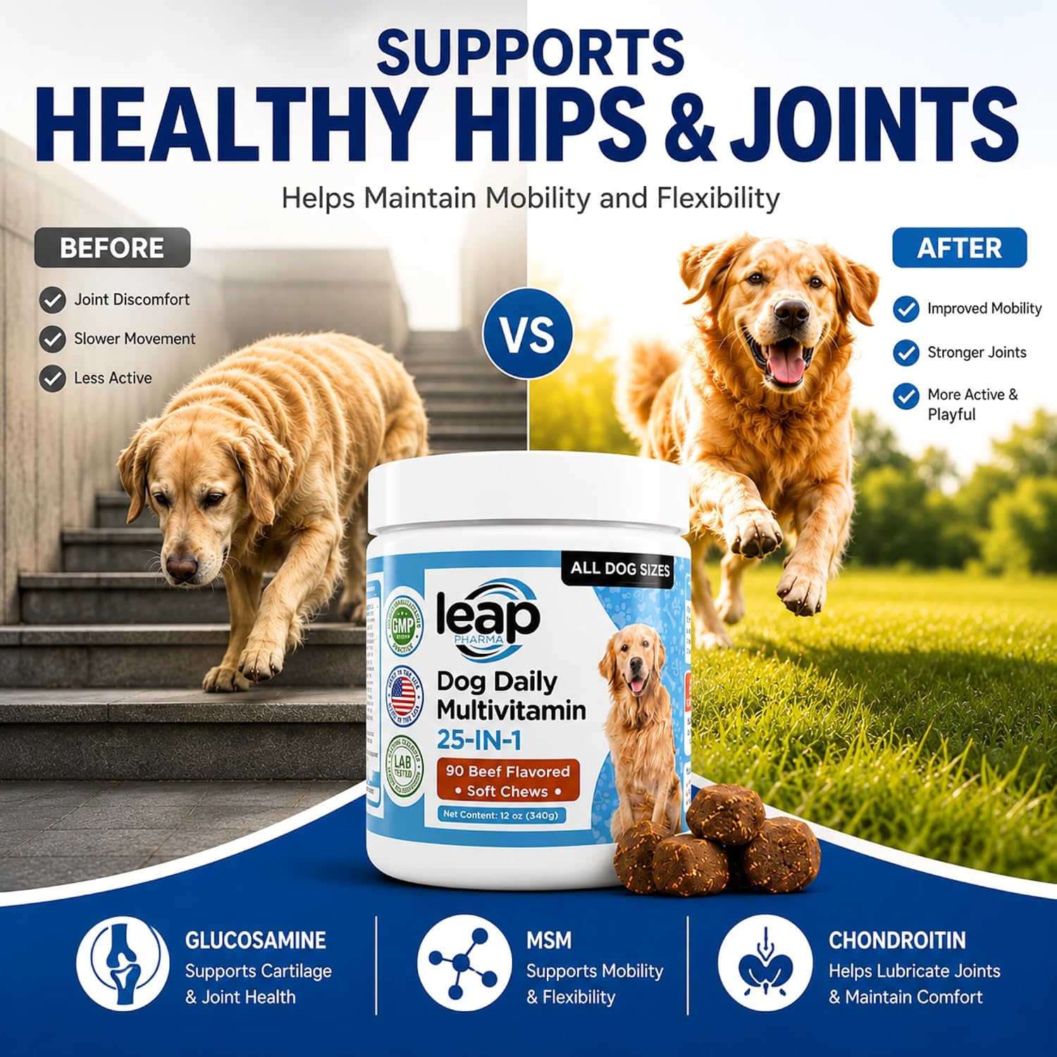 Multivitamínico y Suplemento para Perros con Aceite de Krill, Omega 3,6,9, Pre y Probióticos, Vitaminas Esenciales - Apoyo para Articulaciones, Piel, Pelo, Digestión e Inmunidad (90 Golosinas Blandas)