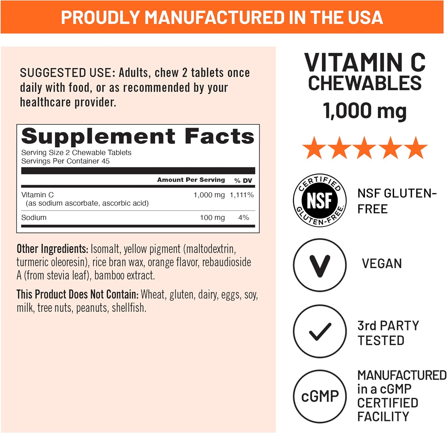 NatureWise Vitamina C Masticable 1000mg - Sabor Naranja Natural - 90 Comprimidos