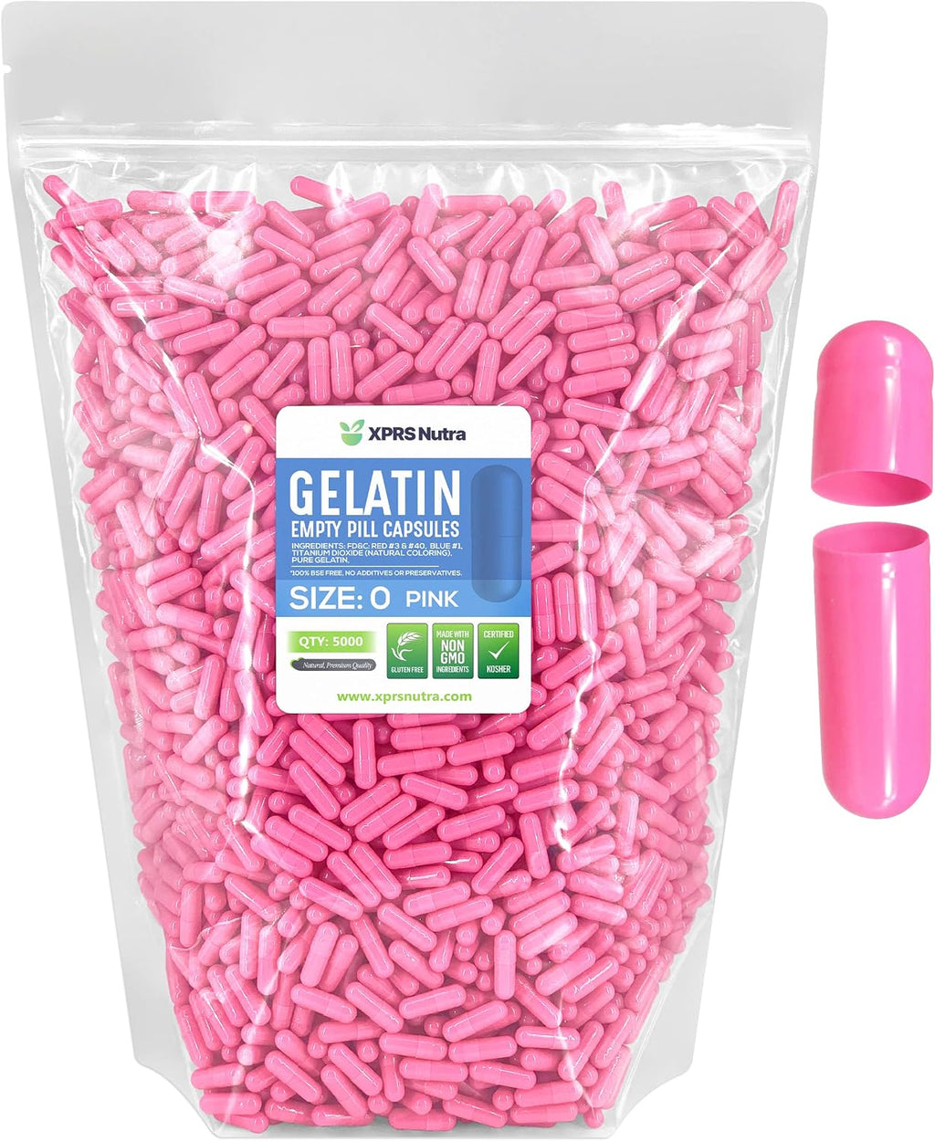 XPRS Nutra Cápsulas Vacías Tamaño 0 - 5000 Unidades Cápsulas de Gelatina Vacías para Rellenar - Gelatina Bovina Pura para Suplementos Caseros (Rosa)