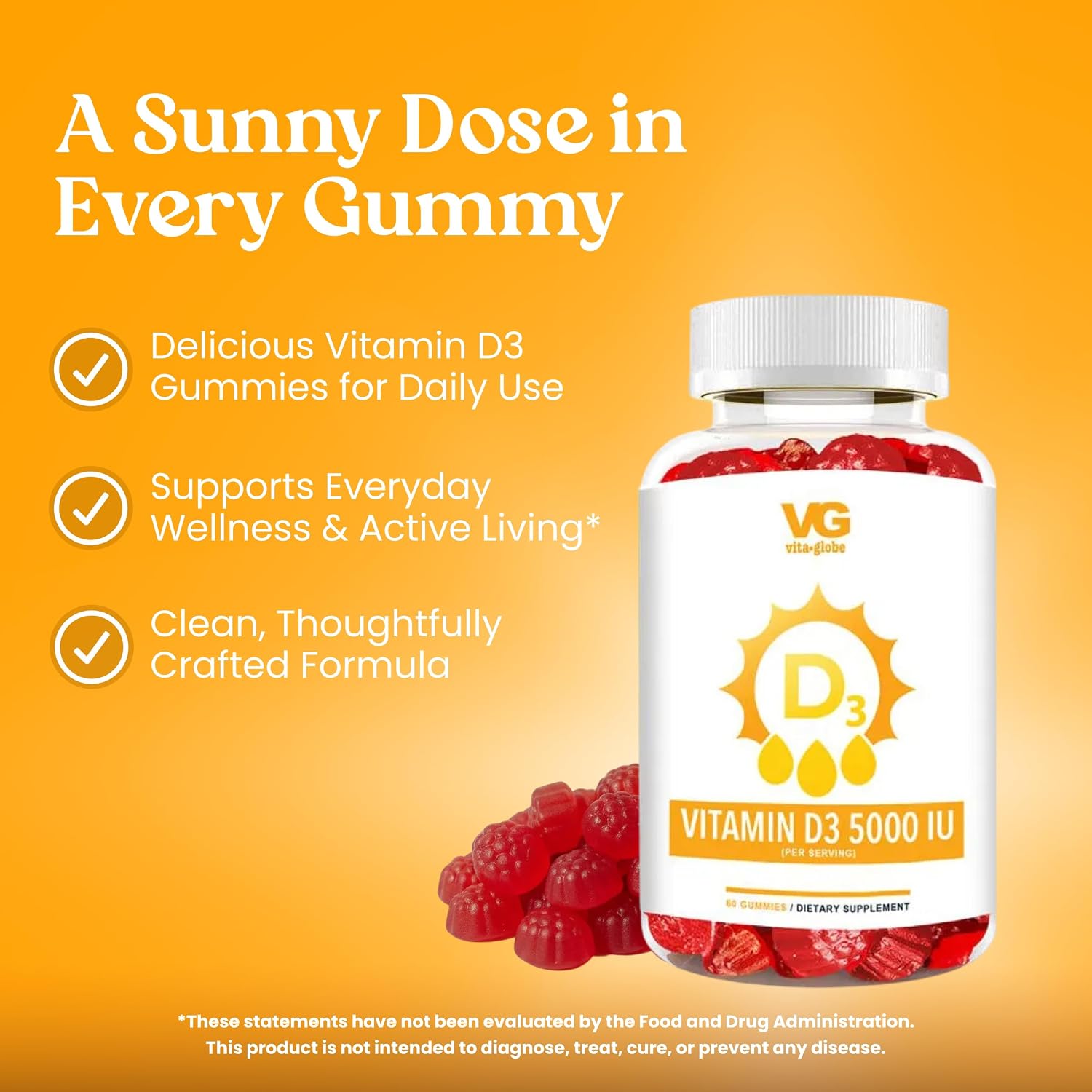 VITA GLOBE Vitamina D3 5000 IU (250 mcg) con Zinc y Equinácea - Gominolas Extra Fuertes para el Apoyo de Huesos y Sistema Inmunitario, 60 unidades (Pack de 2)