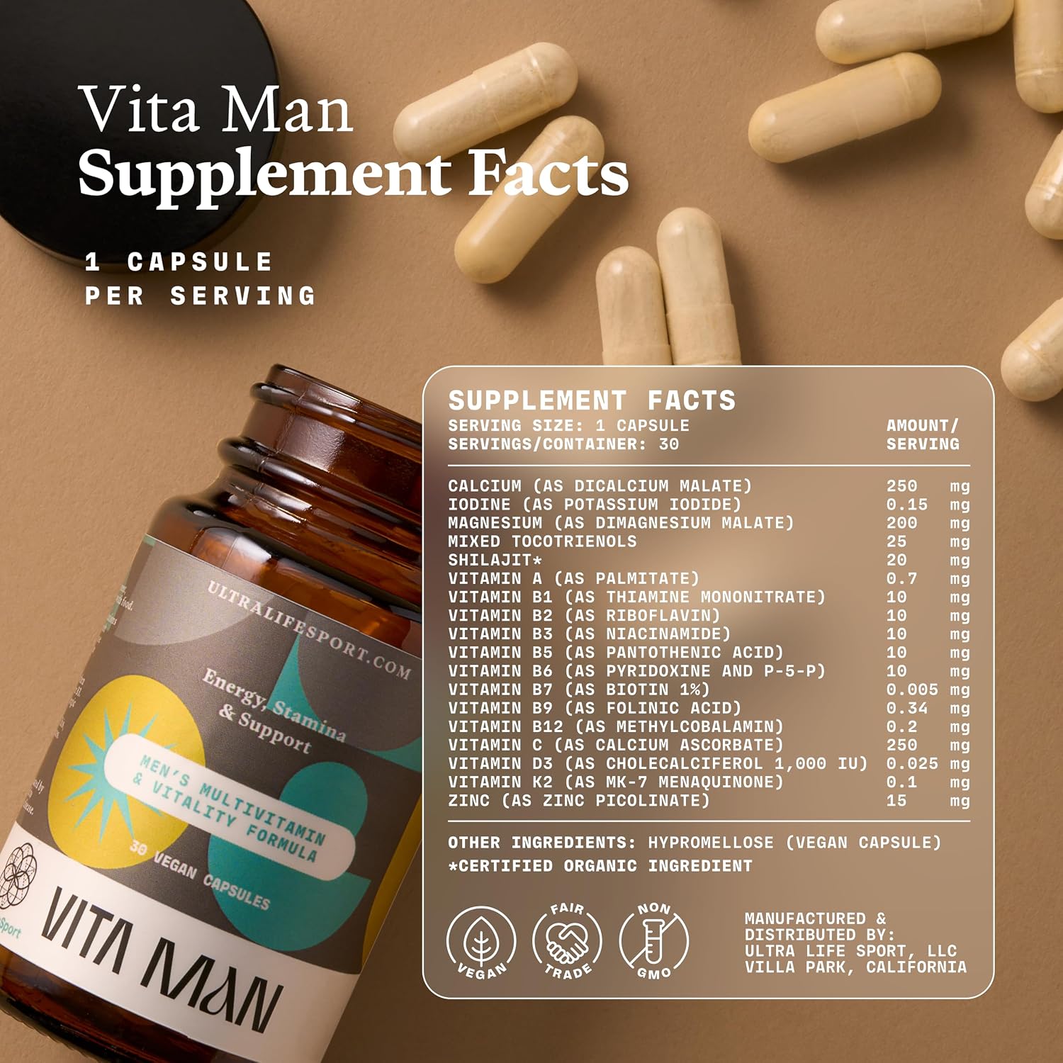 Ultra Life Sport VITA Man - Multivitamínico Premium para Hombres - 30 Cápsulas