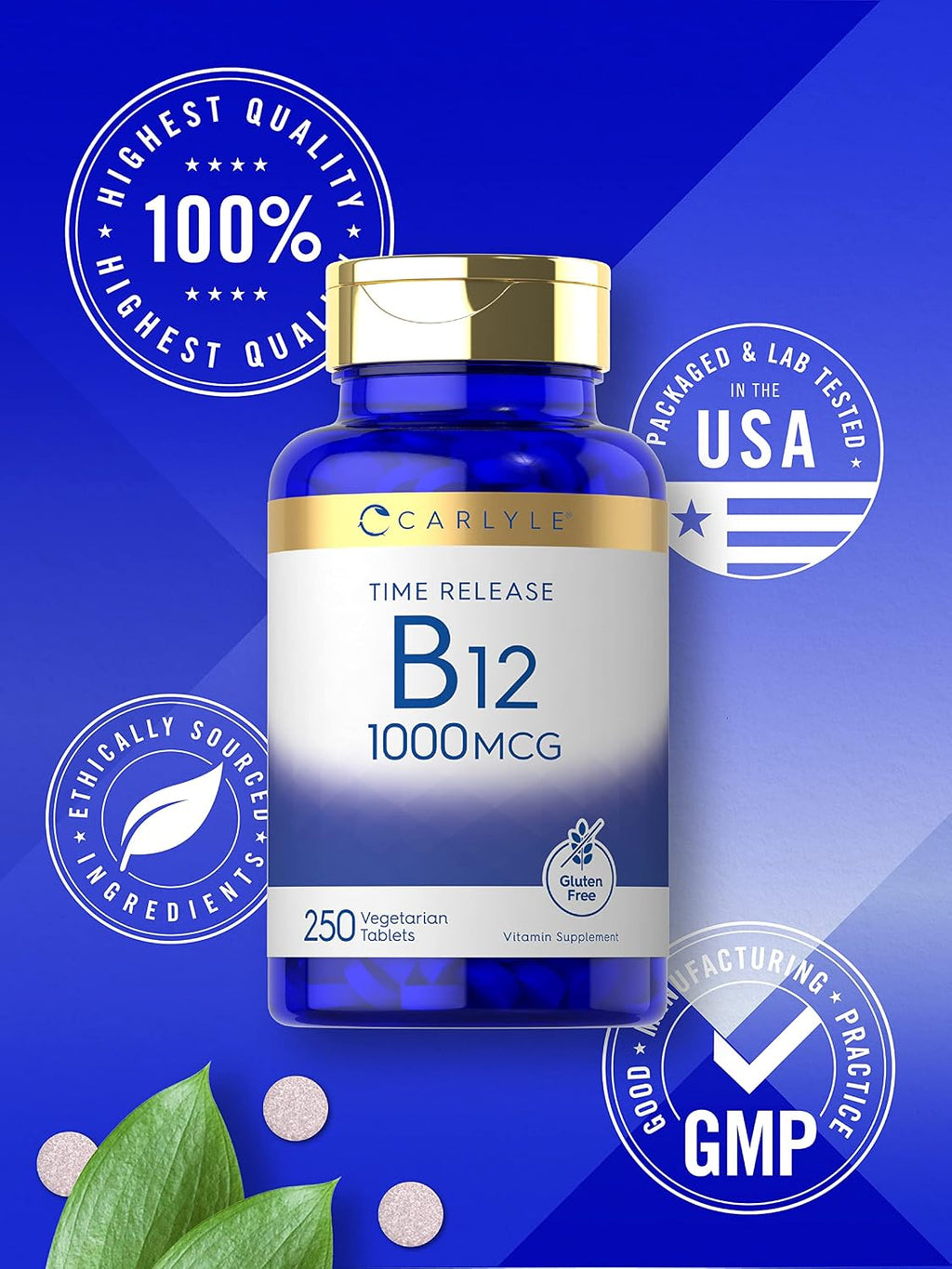 Carlyle Vitamina B12 1000 mcg | 250 Comprimidos | Liberación Prolongada | Cianocobalamina | Vegetariano, No GMO y Sin Gluten