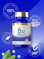 Carlyle Vitamina B12 1000 mcg | 250 Comprimidos | Liberación Prolongada | Cianocobalamina | Vegetariano, No GMO y Sin Gluten