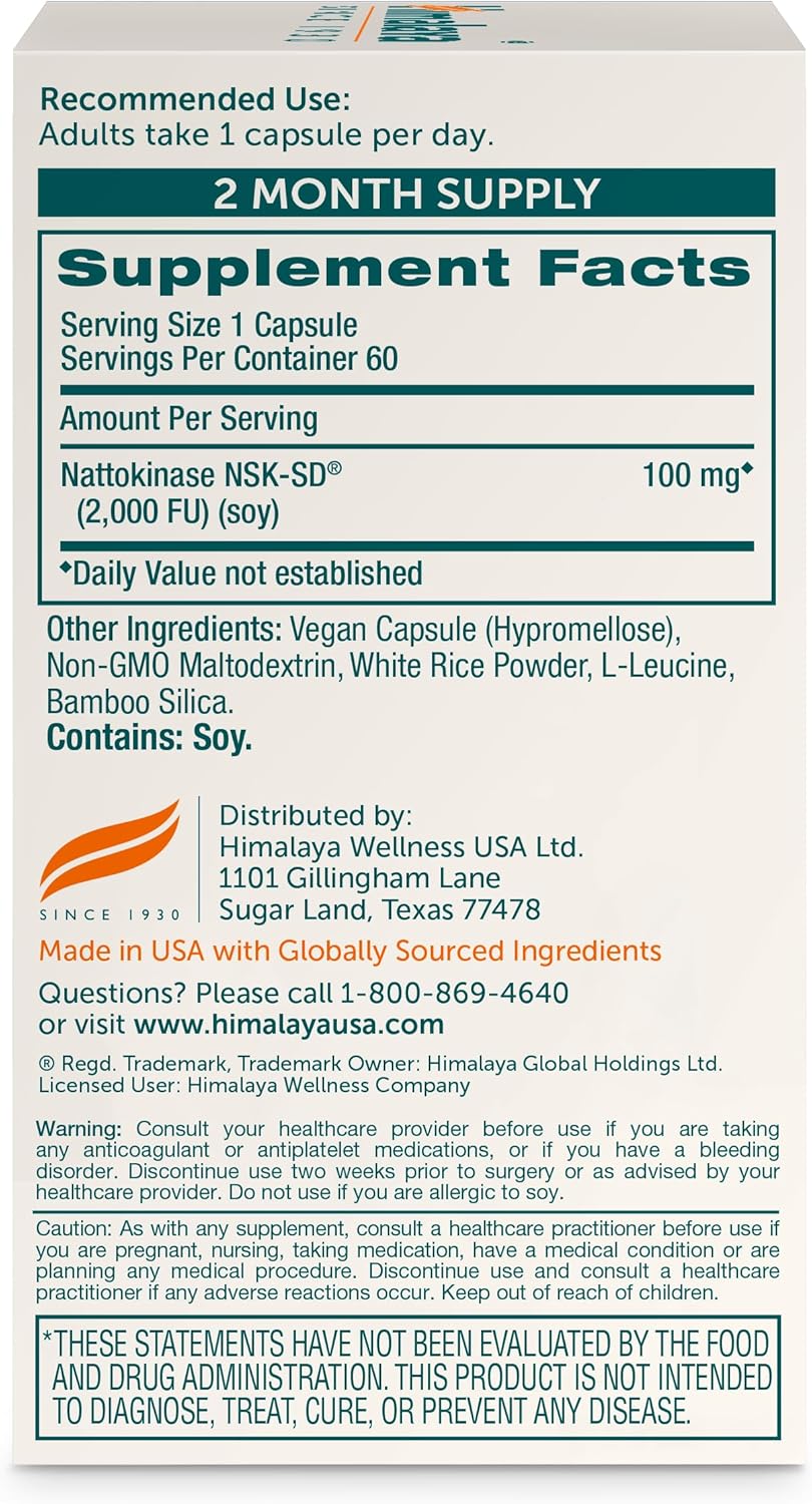 Himalaya NSK-SD Nattokinasa, Suplemento Alimenticio para una Circulación Saludable, Vegano, Sin Gluten, Extracto de Natto, 100 mg, 60 Cápsulas