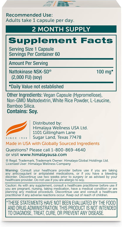 Himalaya NSK-SD Nattokinasa, Suplemento Alimenticio para una Circulación Saludable, Vegano, Sin Gluten, Extracto de Natto, – Image 2
