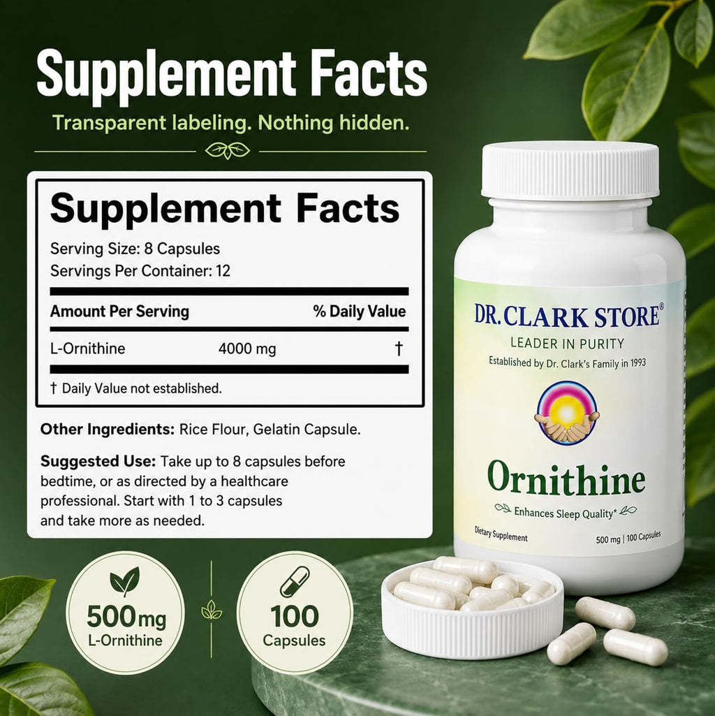 Dr Clark L-Ornitina 500mg - 100 Cápsulas de Gelatina - Suplemento de Aminoácido Puro
