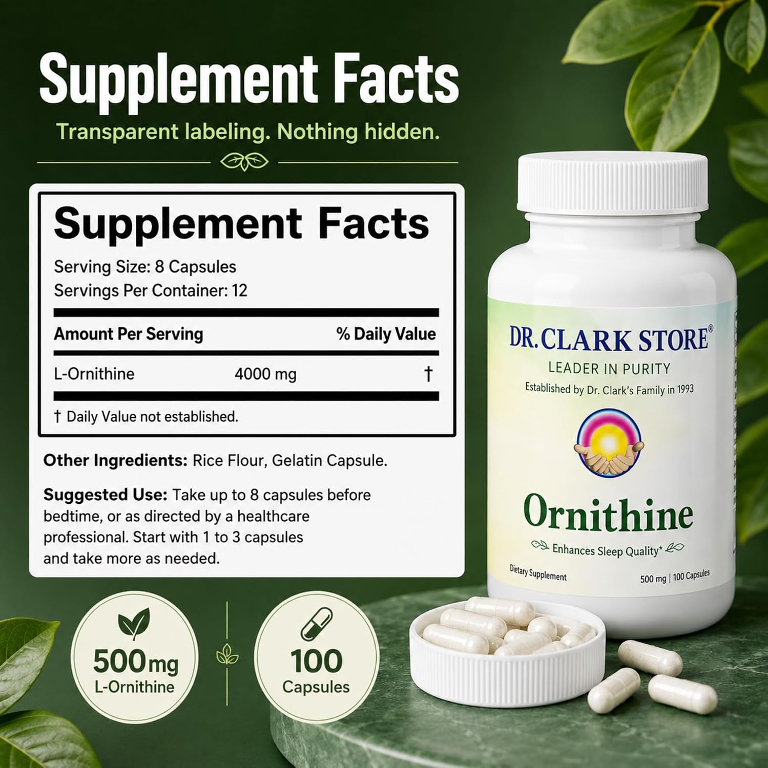 Dr Clark L-Ornitina 500mg - 100 Cápsulas de Gelatina - Suplemento de Aminoácido Puro