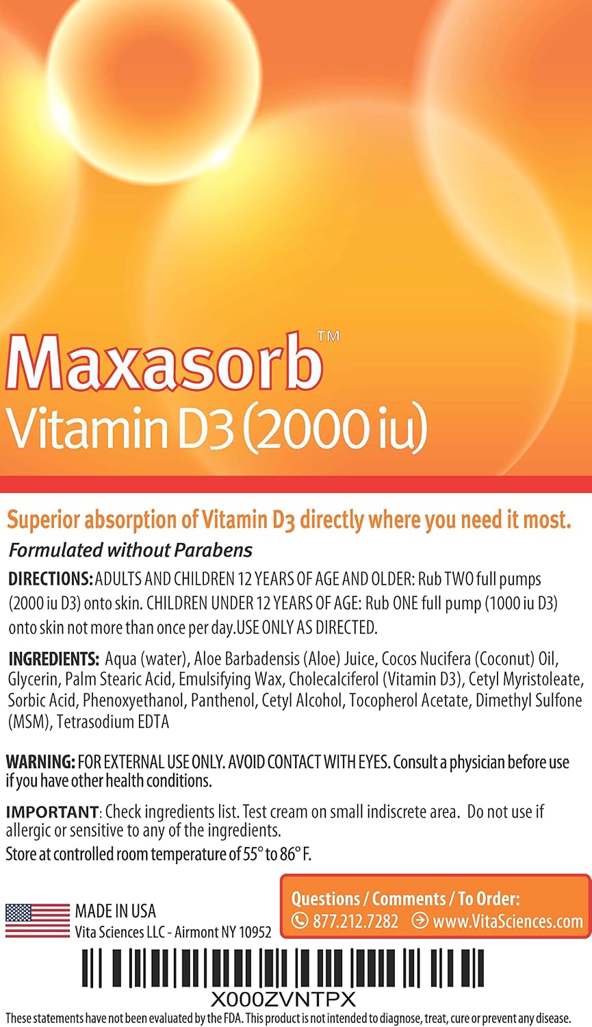 Vita Sciences Maxasorb Vitamin D3 Cream 2000 IU – Topical, Fast Absorption, 1.7 oz