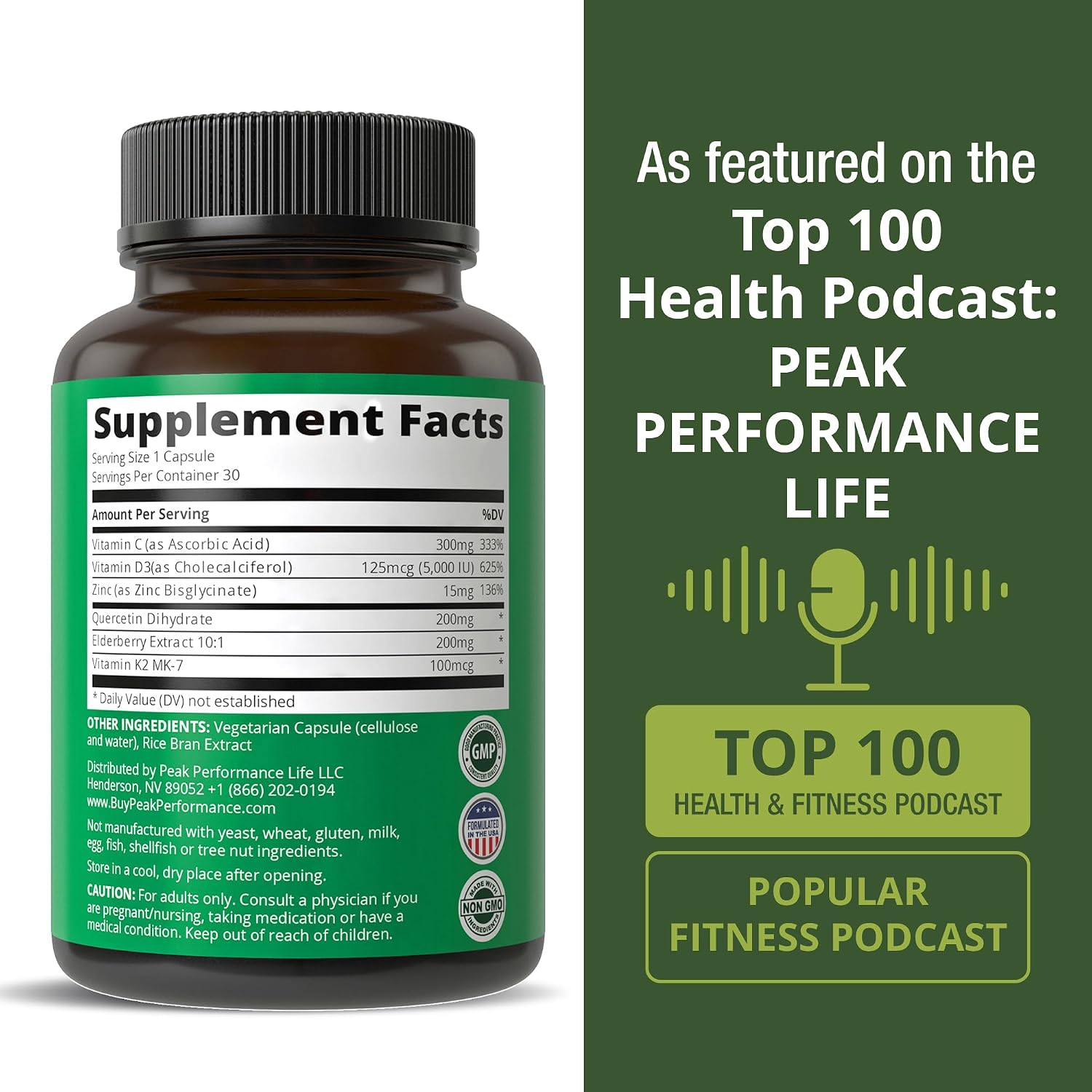 Peak Performance Immune Support – 6 en 1 con Vitamina D3 K2, C, Saúco, Zinc y Quercetina – 60 Cápsulas