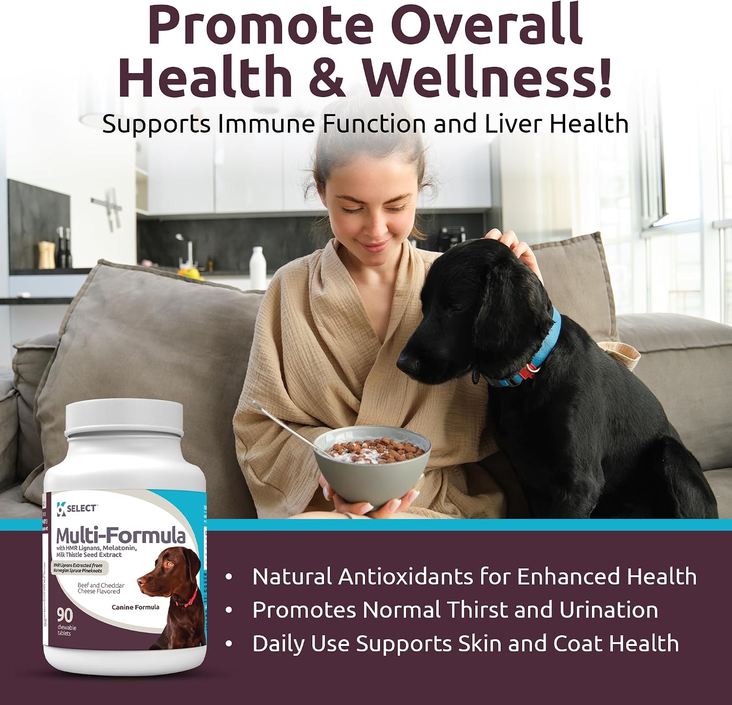K9 Select Multivitamínico para Perros Grandes - Lignanos, Melatonina, Cardo Mariano - 90 Comprimidos Sabor Carne