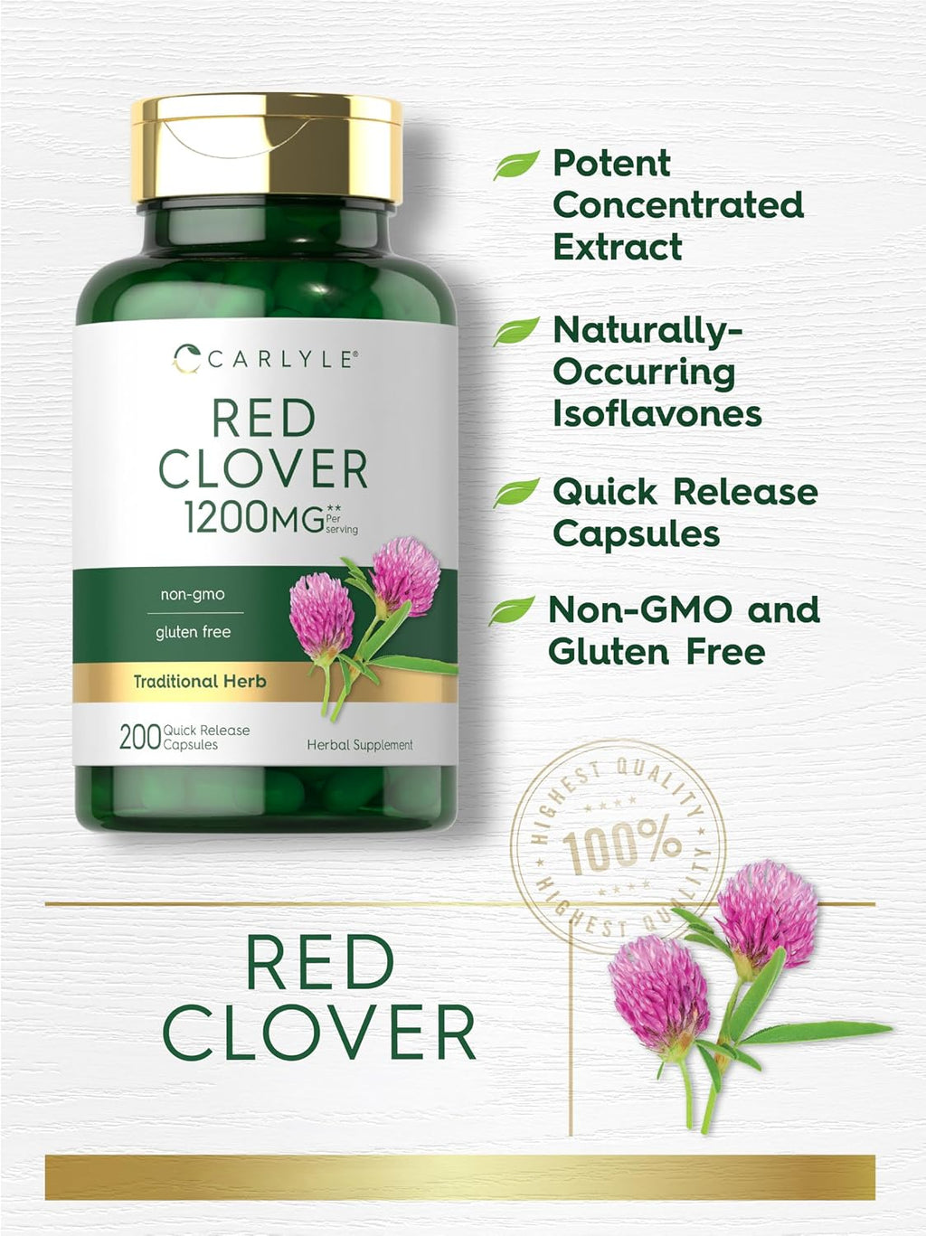 Carlyle Trébol Rojo Cápsulas | 200 Cápsulas | Extracto de Flor de Trifolium Pratense | No OGM, Sin Gluten
