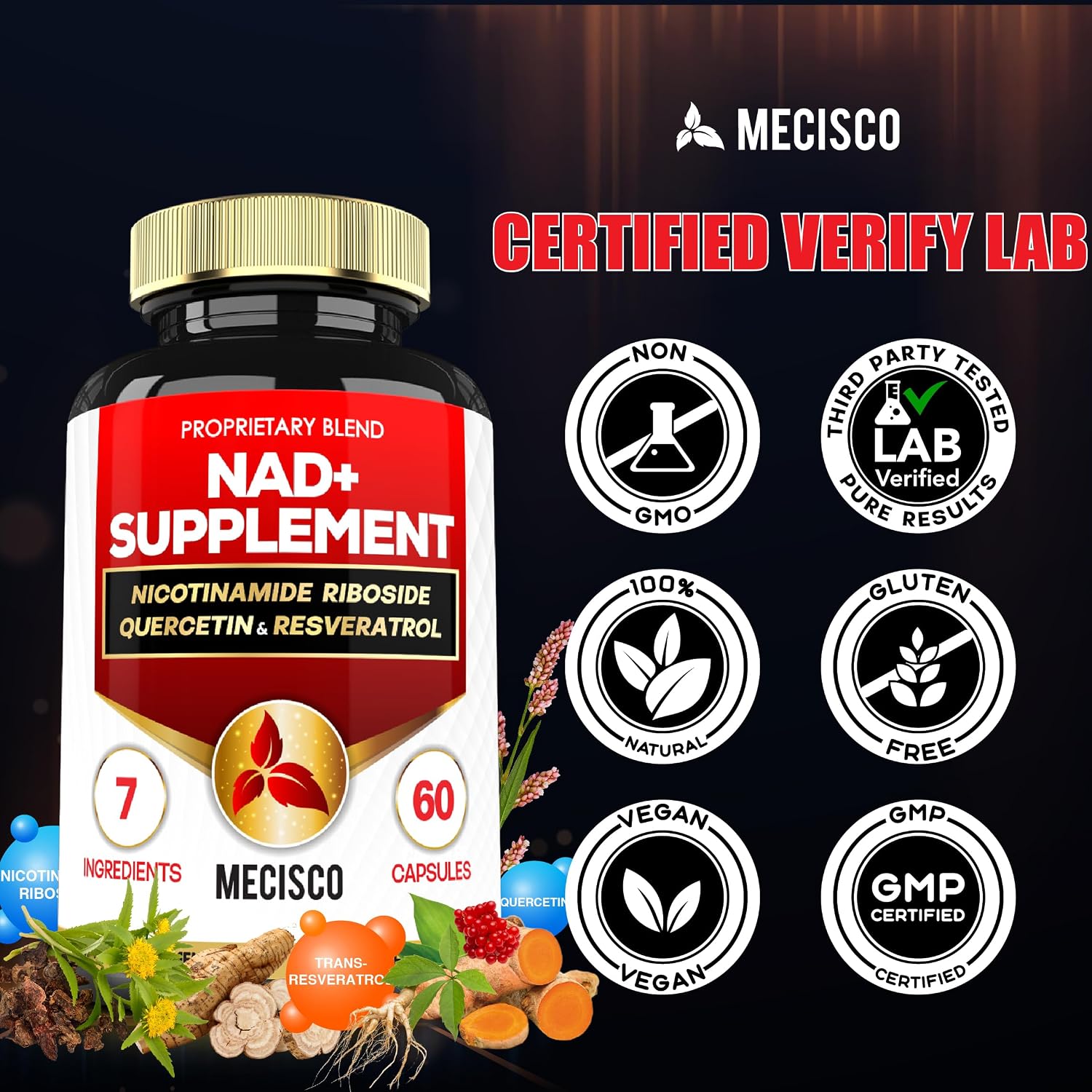 Mecisco NAD+ Suplemento con Nicotinamida Ribósido, Quercetina, Resveratrol, Cúrcuma, Rhodiola Rosea y Astrágalo - 60 Cápsulas
