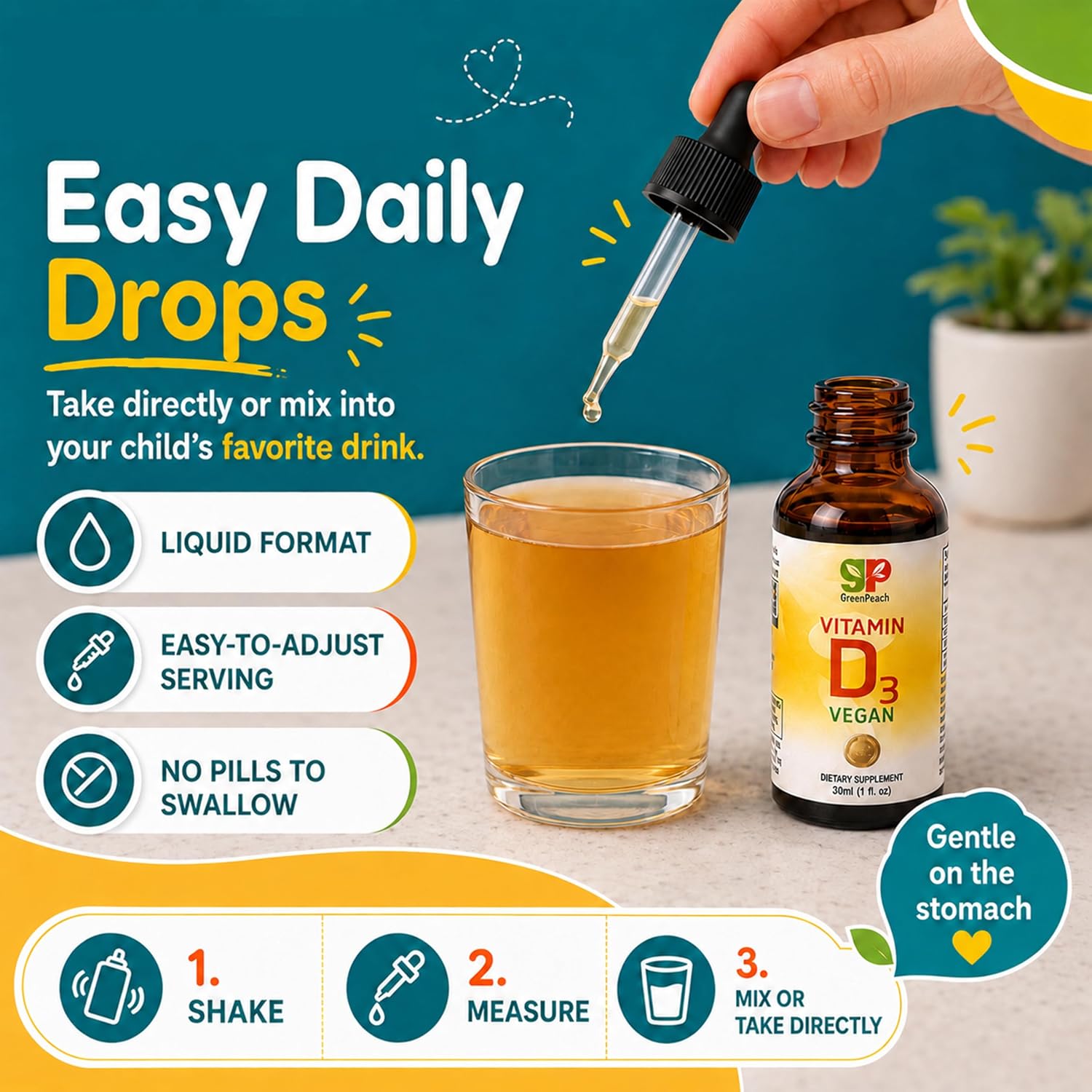 GreenPeach Vitamina D3 Líquida Vegana - Gotas de 400 a 2000 UI para Bebés y Niños