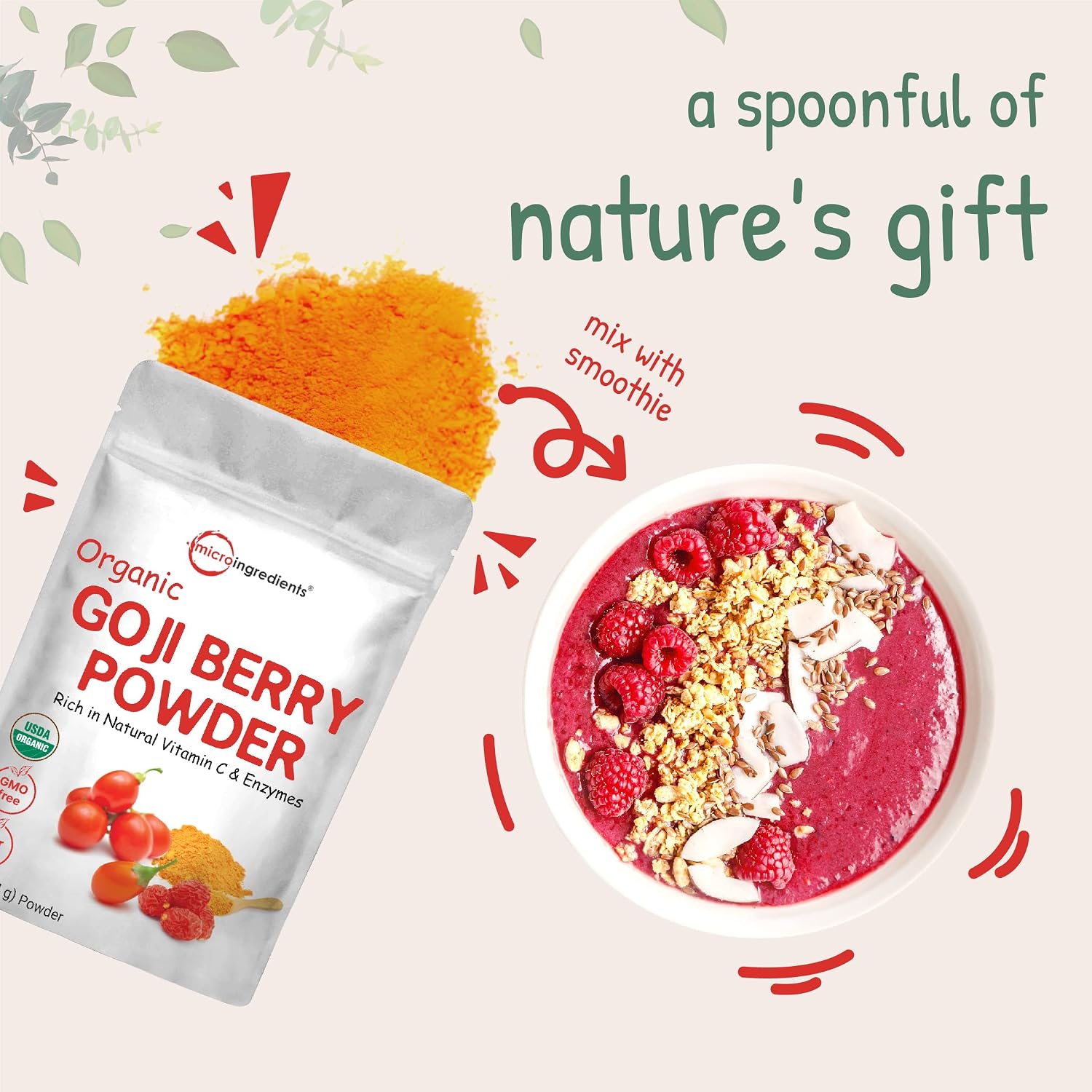 Organic Goji Powder, 453 g (16 oz) | Freeze-Dried Berries | Sulfate and Additive Free | Vegan