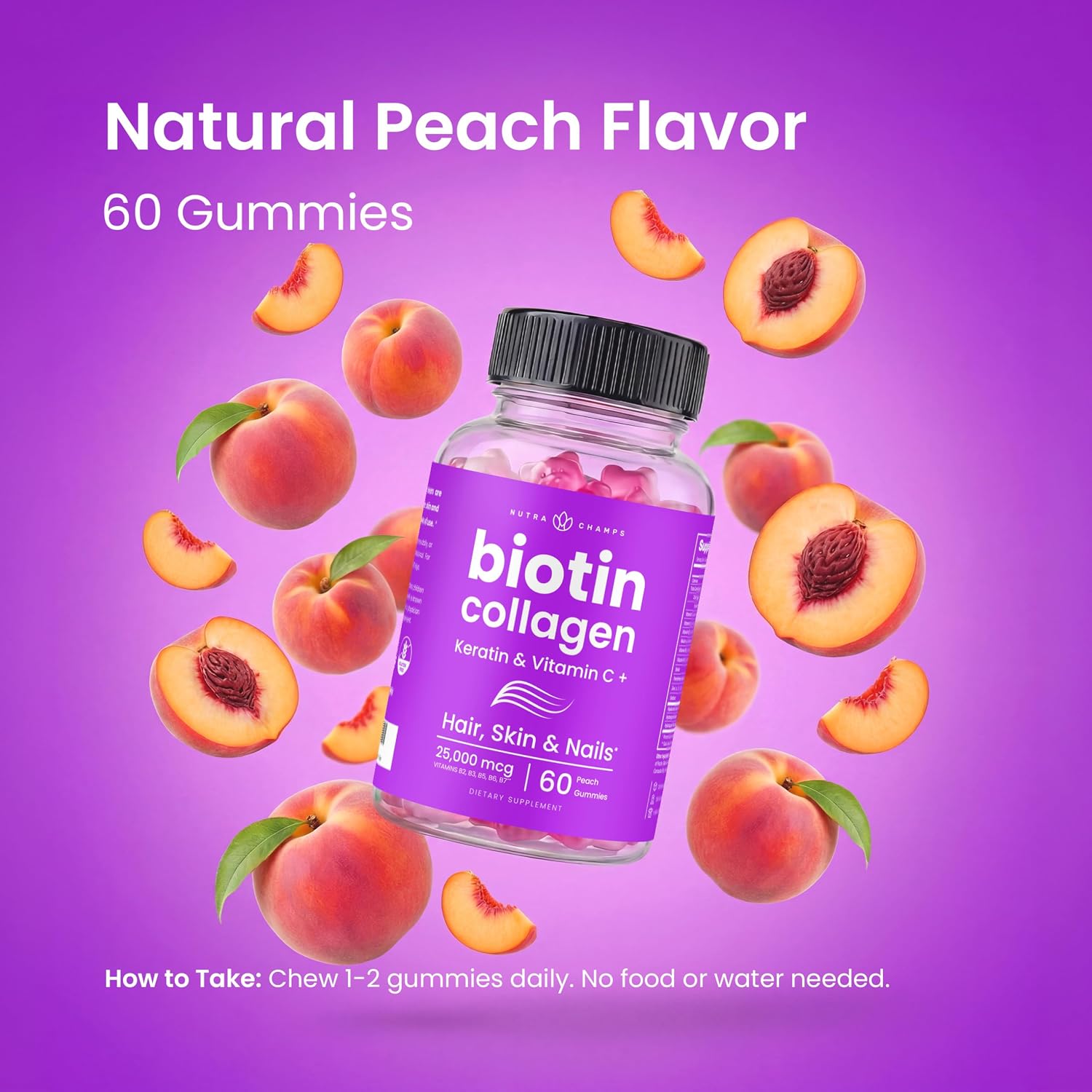NutraChamps Biotin Gummies 5000mcg con Colágeno y Queratina - Gominolas para Cabello, Piel y Uñas - Pack de 2