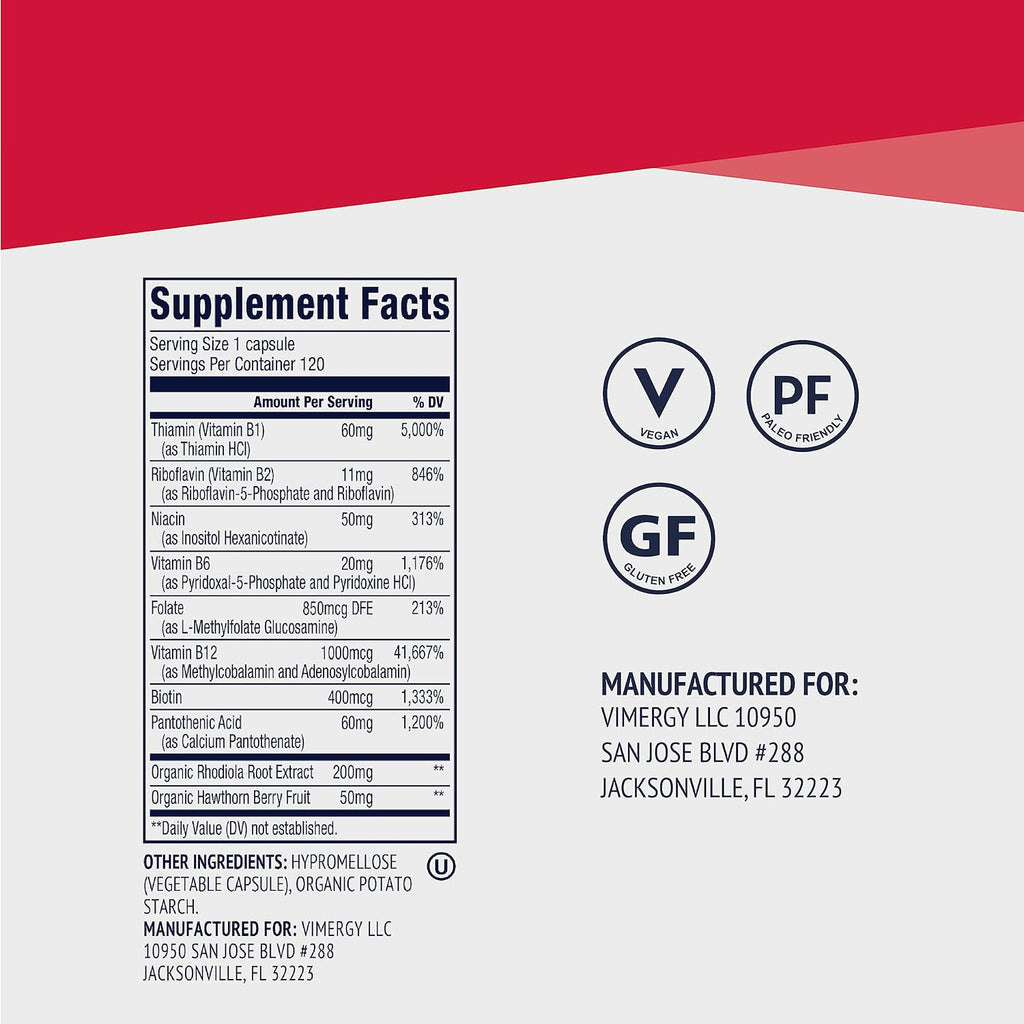 Vimergy Adapto B Complex – Complejo B con 8 Vitaminas B Activas, Rodiola y Espino Blanco – 120 Cápsulas