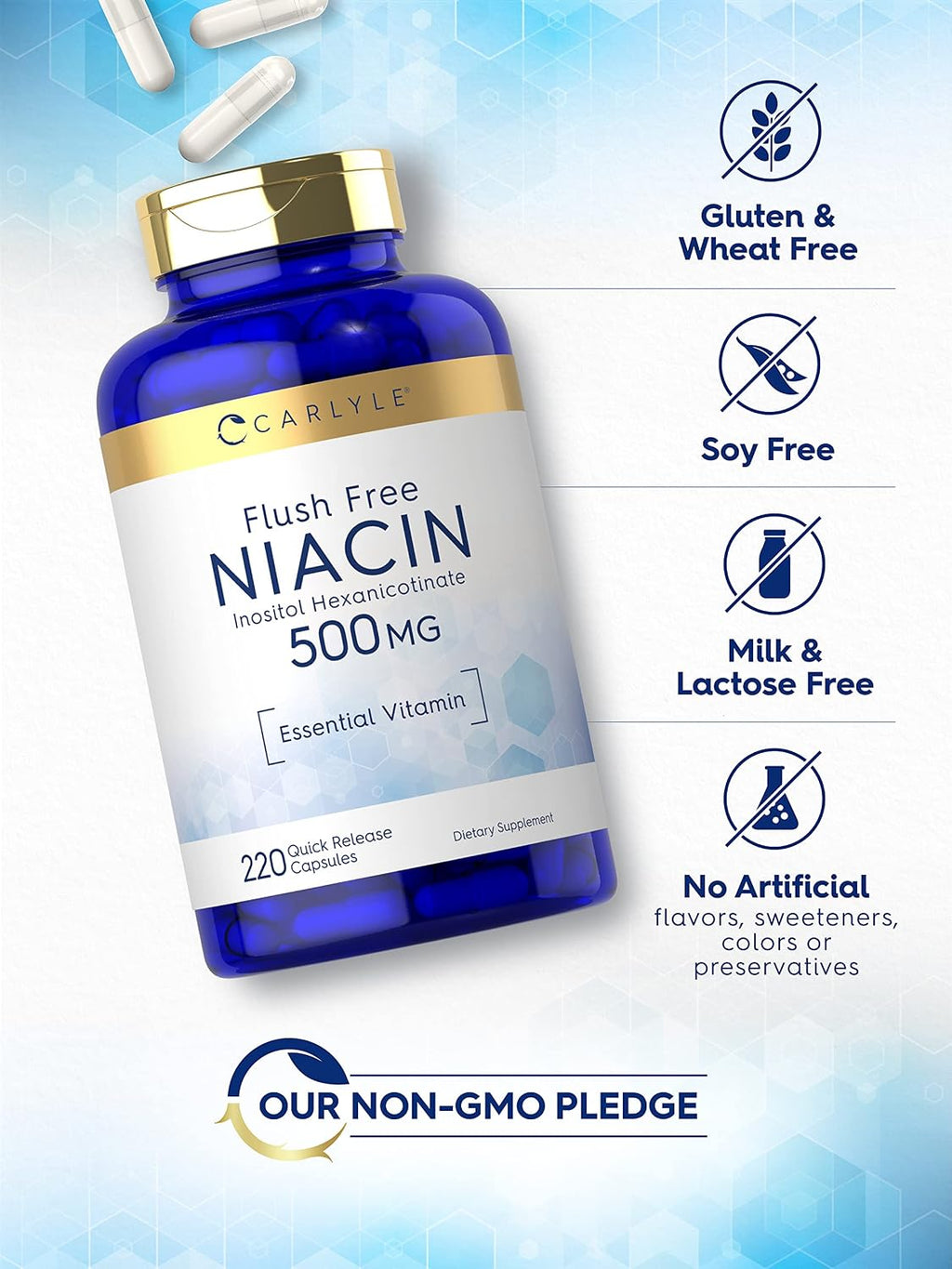 Carlyle Niacina Sin Rubor 500mg (400 mg Niacina + 100 mg Inositol) - 220 Cápsulas