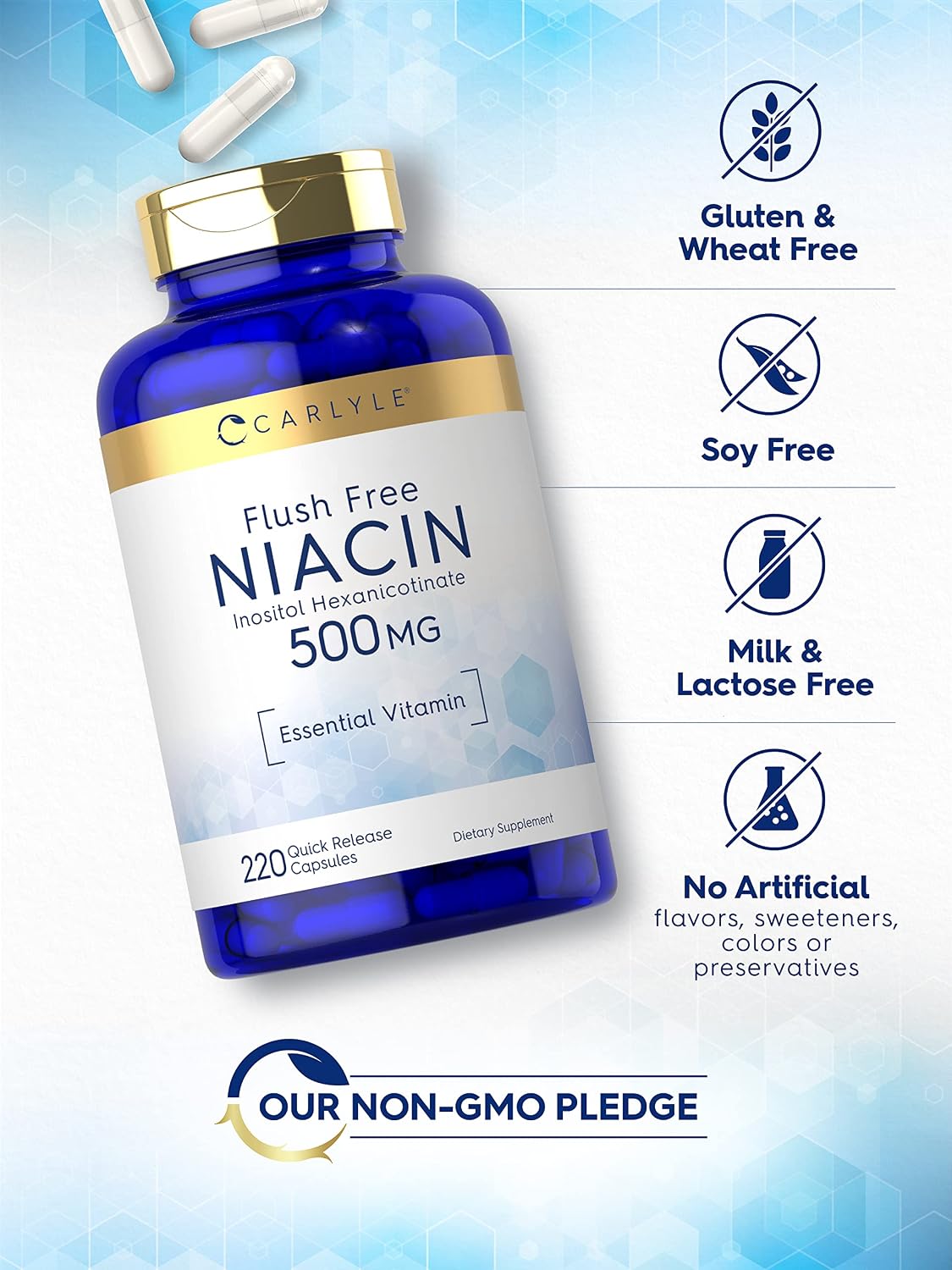 Carlyle Niacina Sin Rubor 500mg (400 mg Niacina + 100 mg Inositol) - 220 Cápsulas