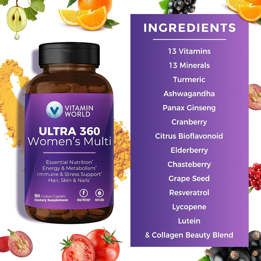 Vitamin World Ultra 360 Multivitamínico para Mujeres con Hierbas y Colágeno, 90 Comprimidos