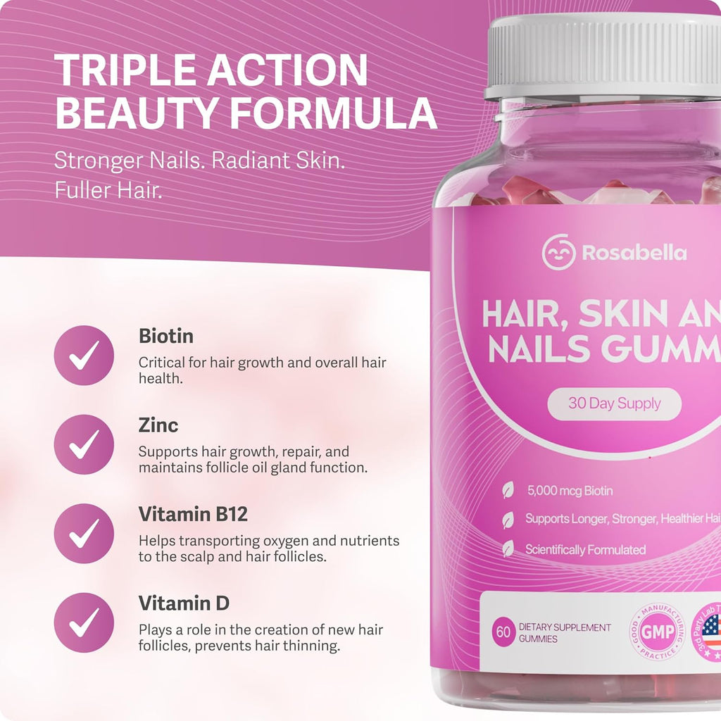 Rosabella Gominolas de Biotina 5000mcg – Apoyo Capilar – 60 Gominolas Veganas