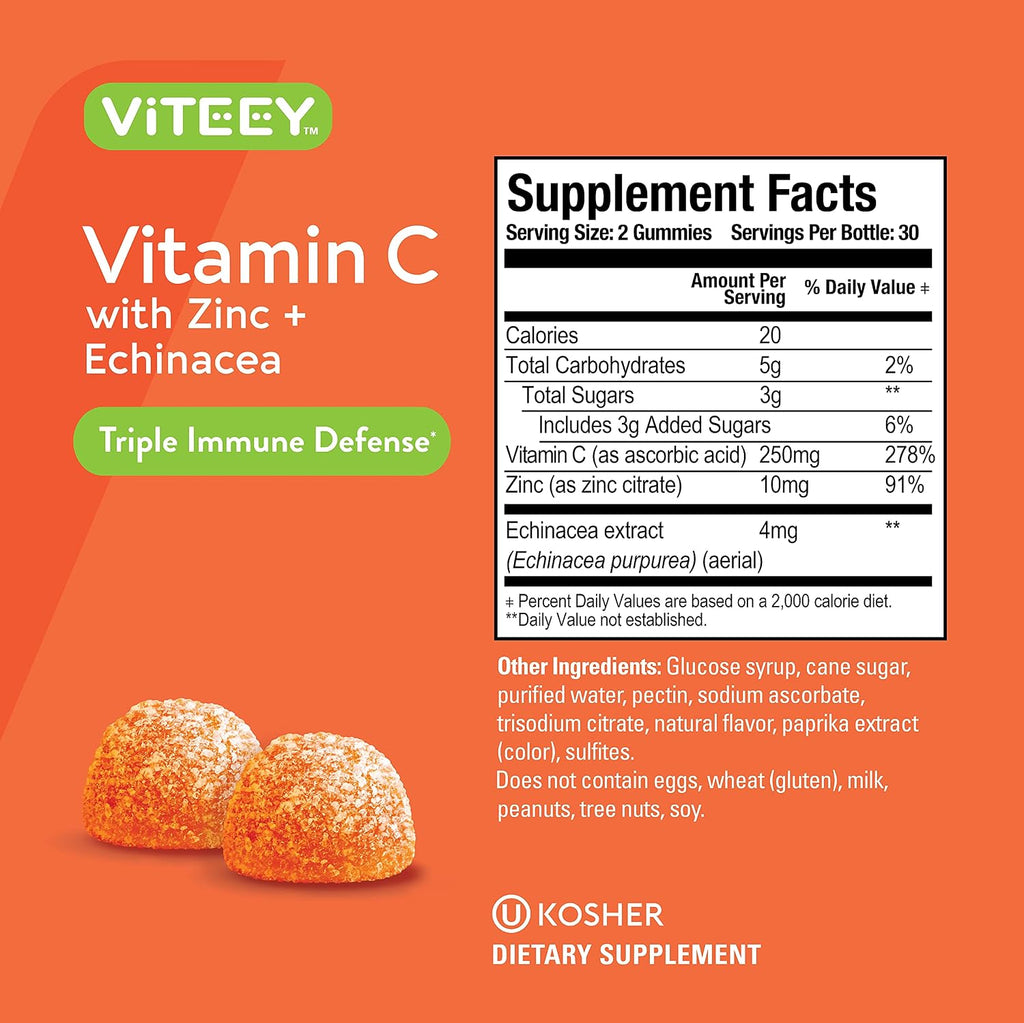 Viteey Gomitas de Vitamina C con Zinc y Equinácea para Adultos y Adolescentes - 120 unidades