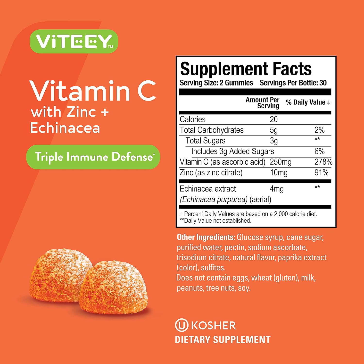 Viteey Gomitas de Vitamina C con Zinc y Equinácea para Adultos y Adolescentes - 120 unidades