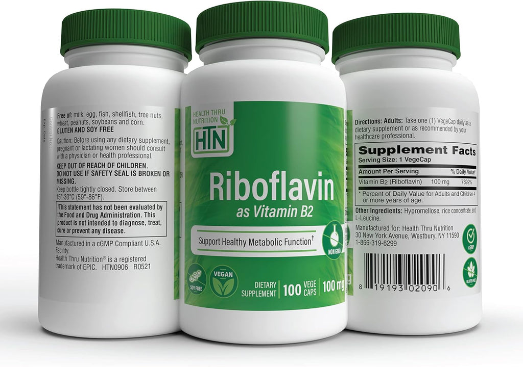 Health Thru Nutrition Riboflavina 100mg - Vitamina B2 100 Cápsulas Vegetales