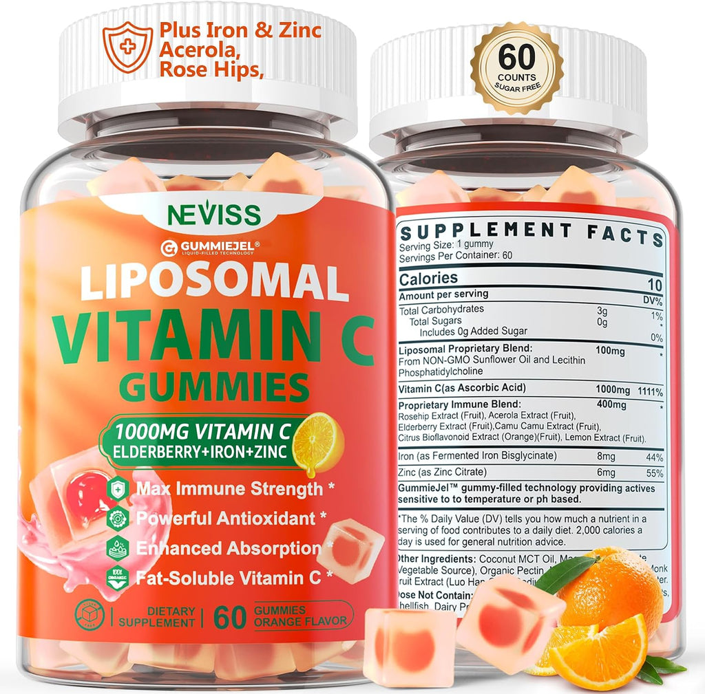 Liposomal Vitamin C 1000mg Gummies - Gomitas de Vitamina C Liposomal con Saúco, Zinc y Hierro, Sin Azúcar, 60 unidades