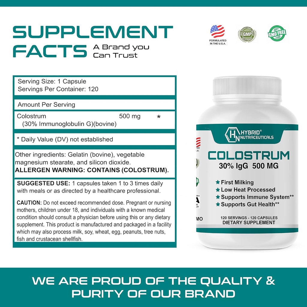 Hybrid Nutraceuticals Suplemento de Calostro Bovino - 500mg por Cápsula - 30% IgG - 120 Cápsulas