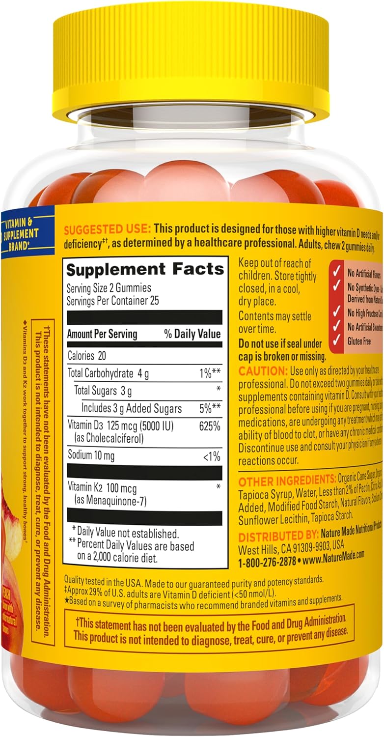 Nature Made Vitamin D3 K2 Gummies – 5000 UI de Vitamina D3 y 100 mcg de Vitamina K2, 50 Gominolas