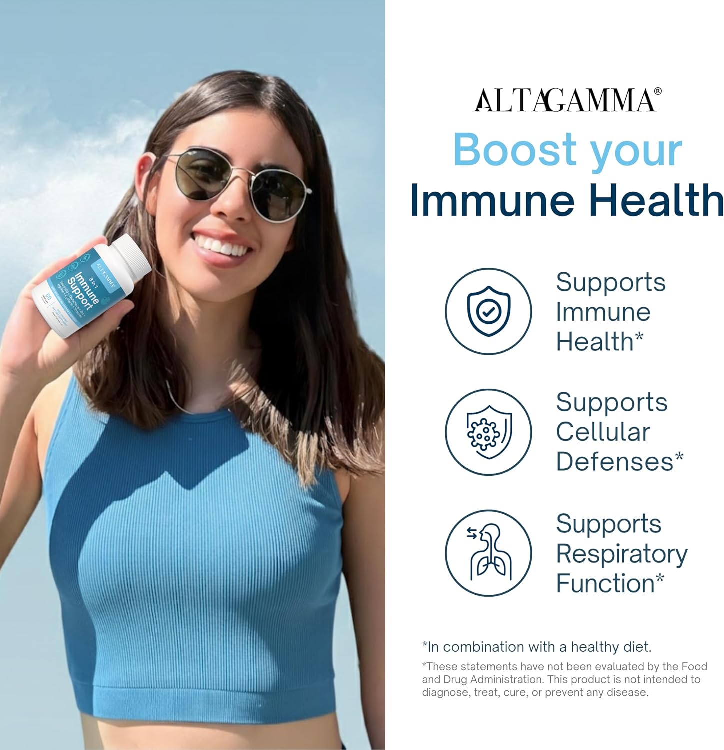 ALTAGAMMA 8 en 1 Suplemento de Apoyo Inmunológico con L-Lisina, Vitamina D y Zinc, 60 Cápsulas